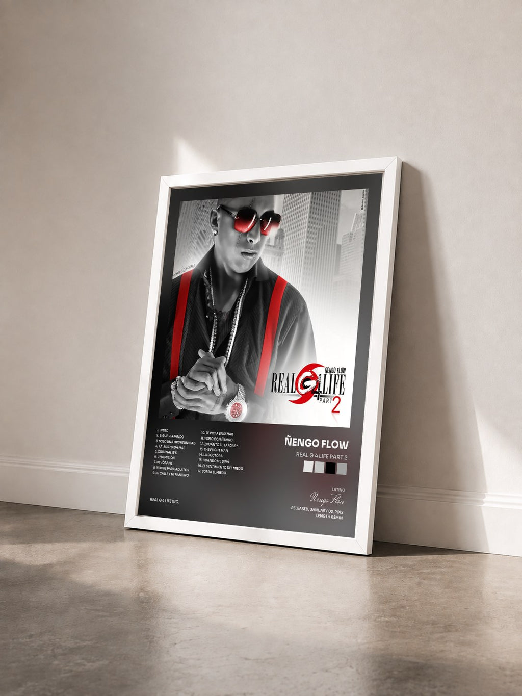 #blanc Tableau de l'album Real G 4 Life Part 2 de Ñengo Flow vu de trois quarts, cadre blanc