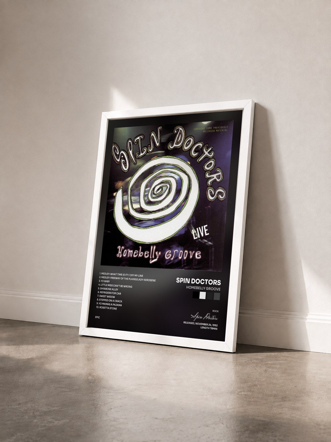 #blanc Tableau de l'album HOMEBELLY GROOVE de Spin Doctors vu de trois quarts, cadre blanc