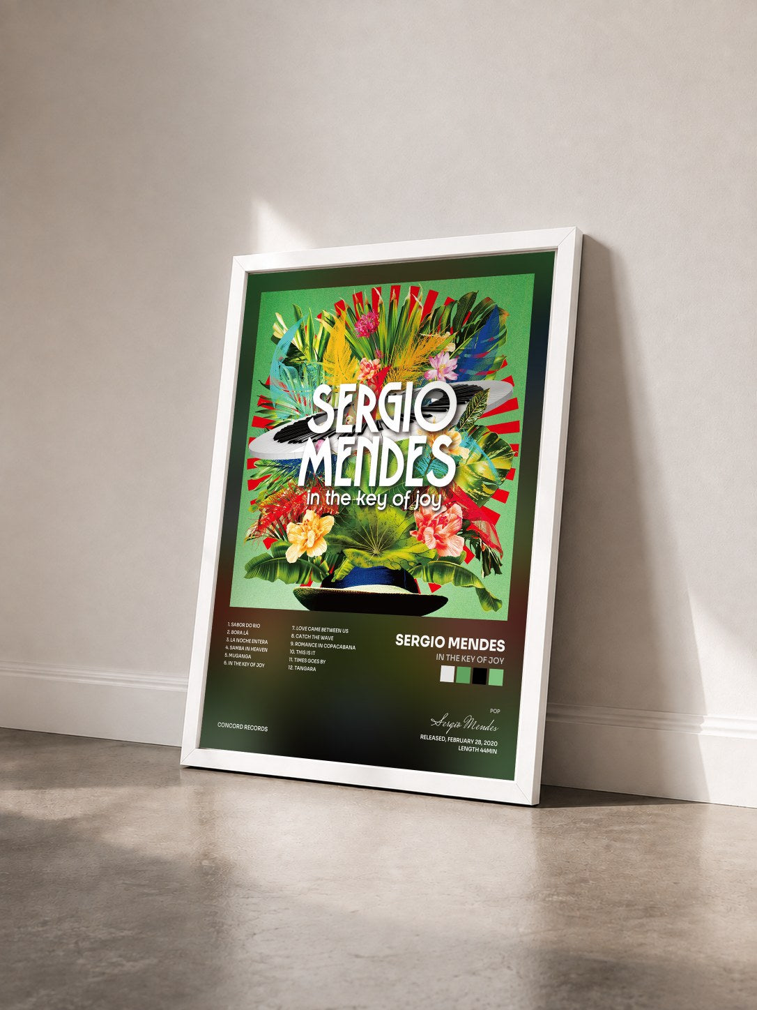 #blanc Tableau de l'album In The Key of Joy de Sergio Mendes vu de trois quarts, cadre blanc