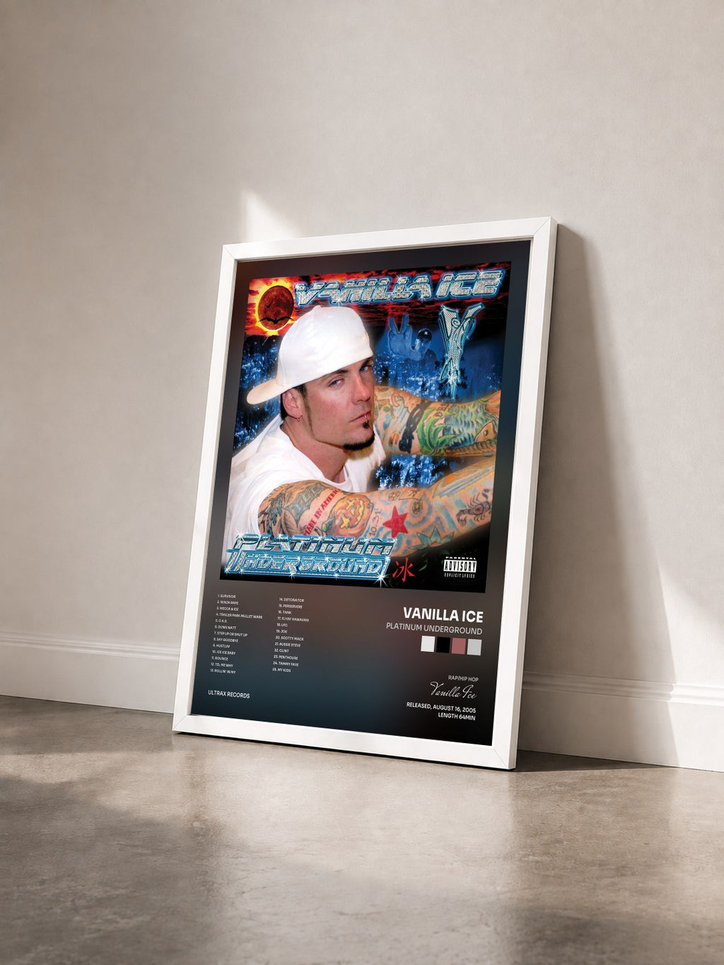 #blanc Tableau de l'album Platinum Underground de Vanilla Ice vu de trois quarts, cadre blanc