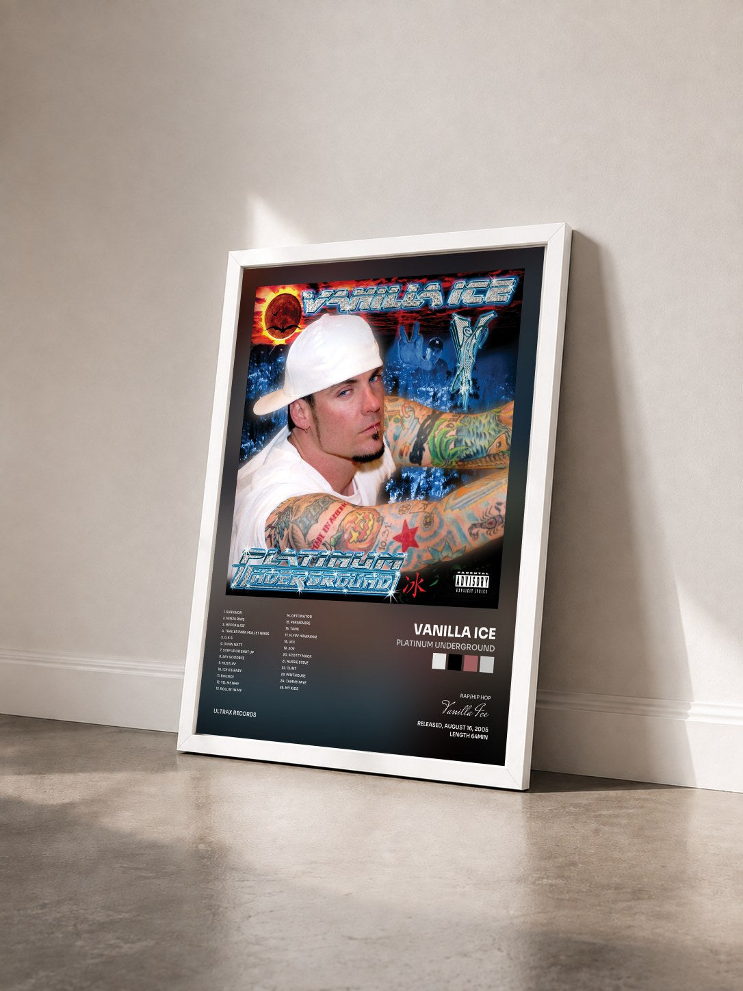 #blanc Tableau de l'album Platinum Underground de Vanilla Ice vu de trois quarts, cadre blanc