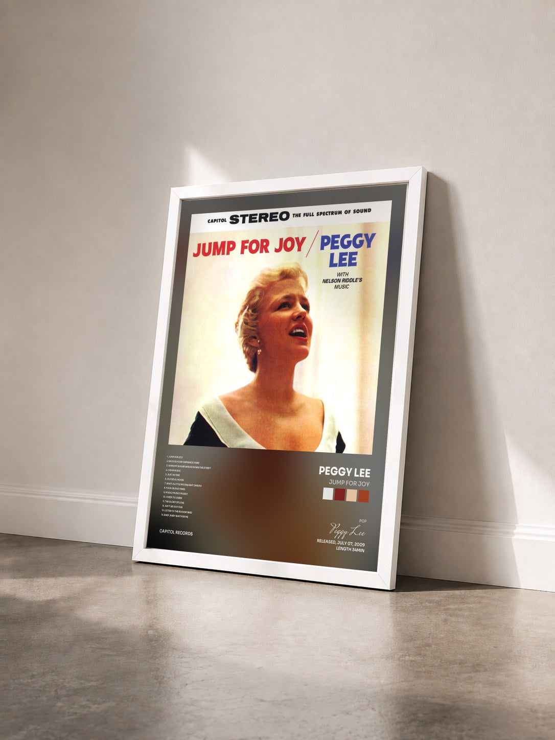 #blanc Tableau de l'album Jump For Joy de Peggy Lee vu de trois quarts, cadre blanc