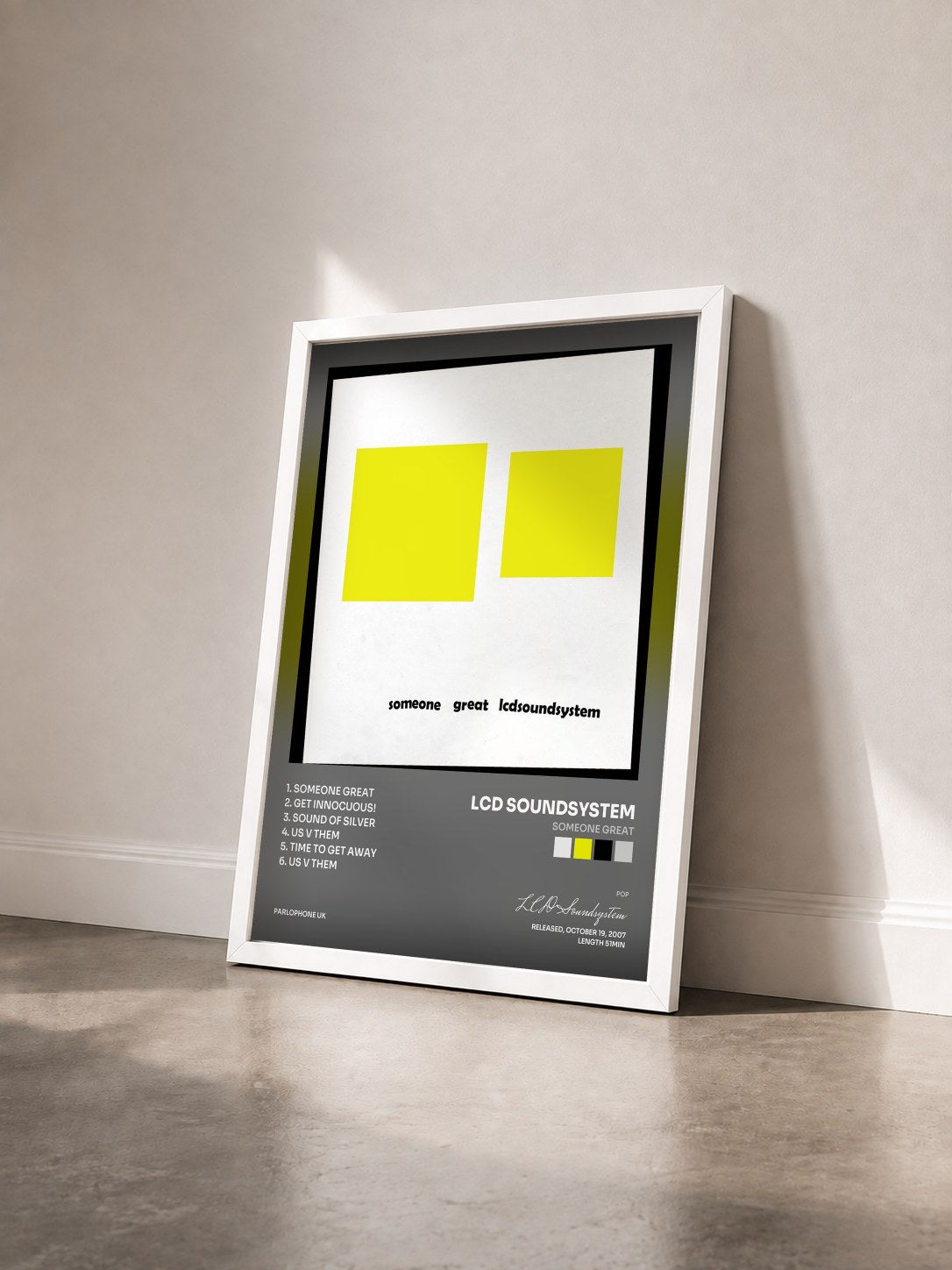 #blanc Tableau de l'album Someone Great de LCD Soundsystem vu de trois quarts, cadre blanc