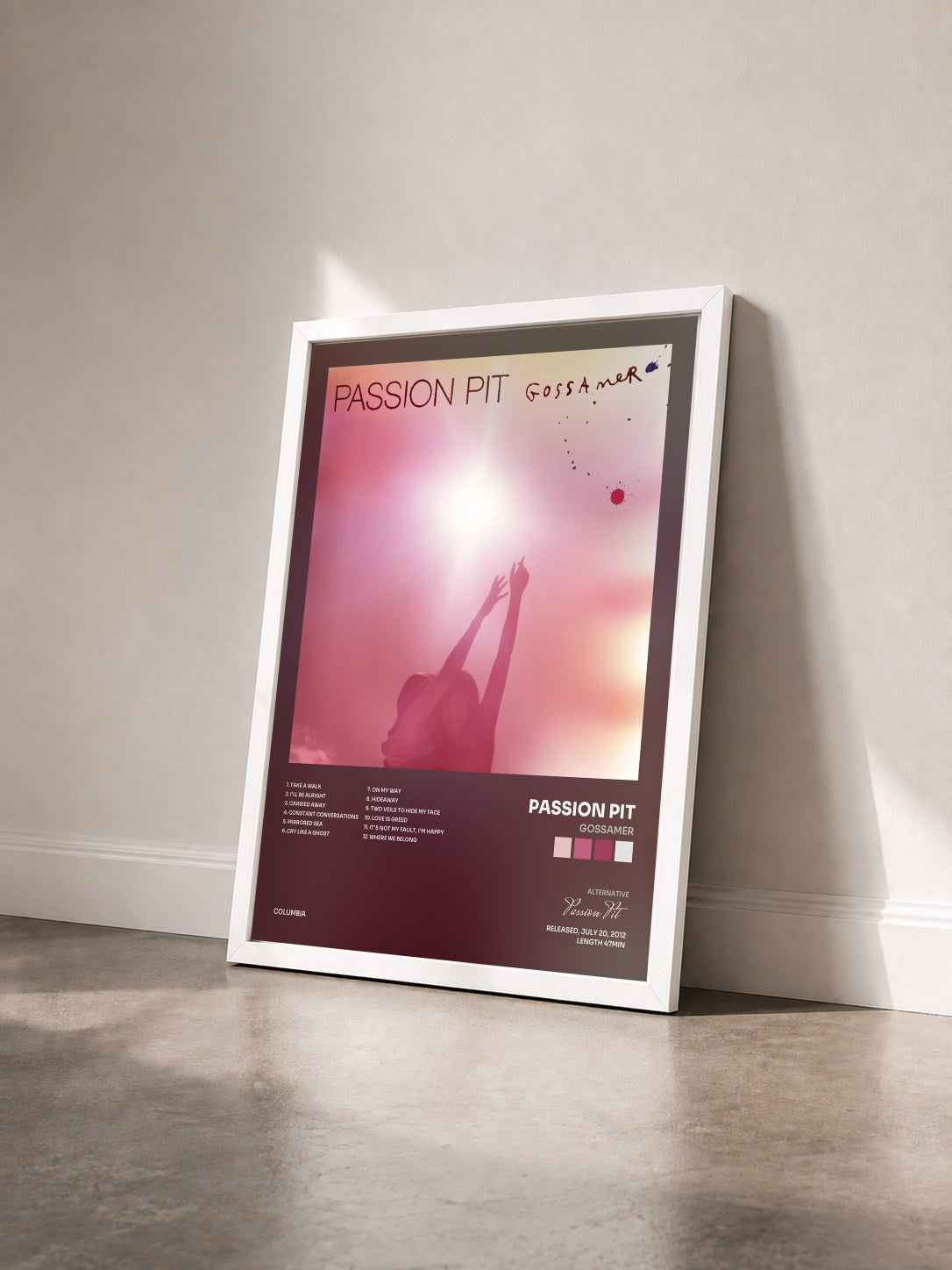 #blanc Tableau de l'album Gossamer de Passion Pit vu de trois quarts, cadre blanc