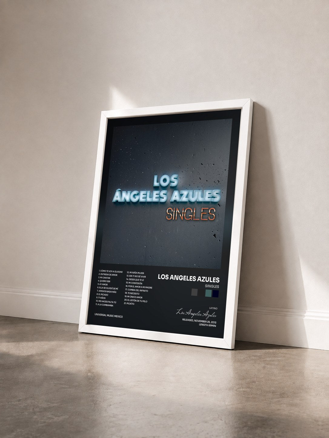 #blanc Tableau de l'album Singles de Los Angeles Azules vu de trois quarts, cadre blanc