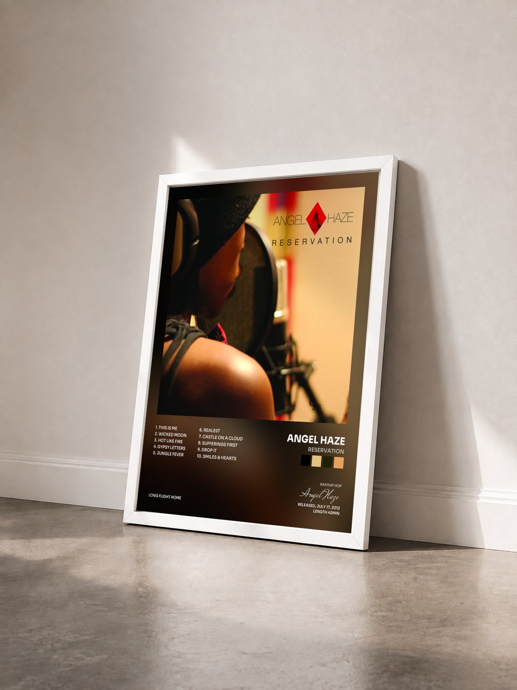 #blanc Tableau de l'album Reservation de Angel Haze vu de trois quarts, cadre blanc