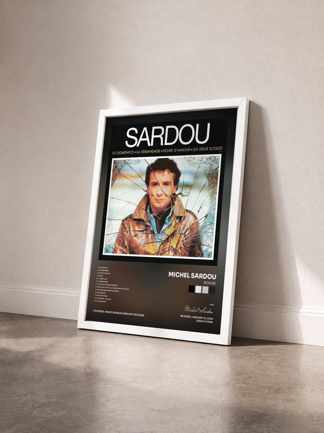 #blanc Tableau de l'album Rouge de Michel Sardou vu de trois quarts, cadre blanc