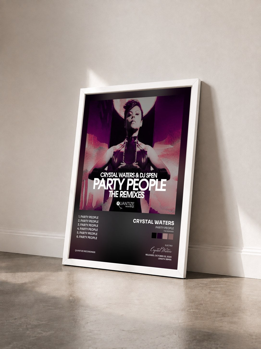 #blanc Tableau de l'album Party People (The Remixes) de Crystal Waters vu de trois quarts, cadre blanc