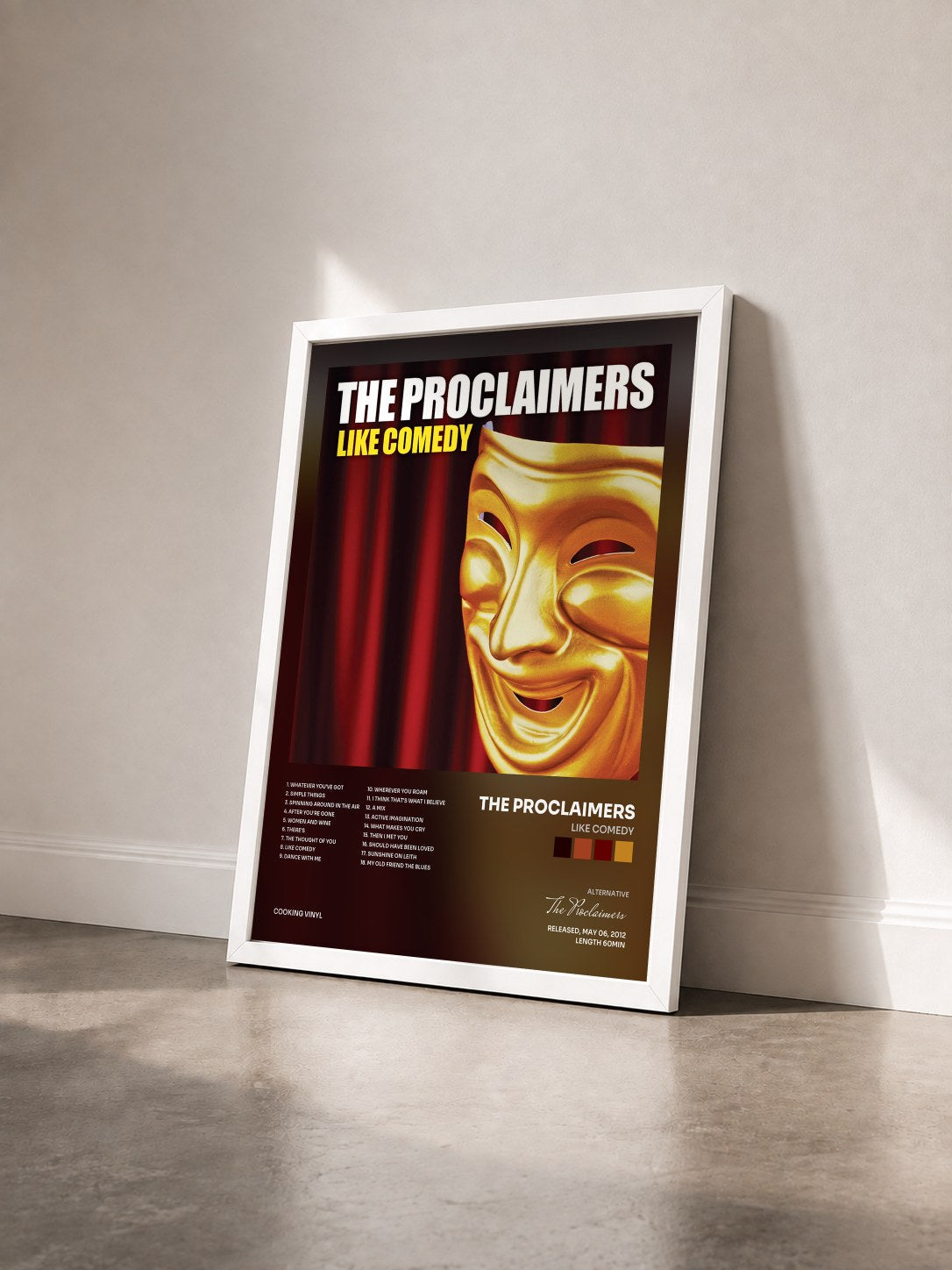 #blanc Tableau de l'album Like Comedy de The Proclaimers vu de trois quarts, cadre blanc