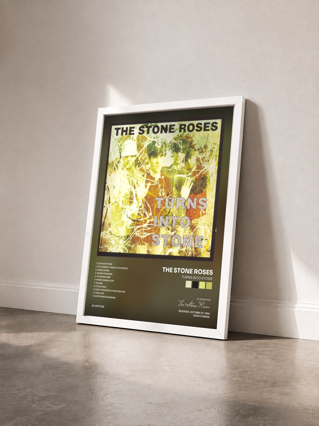 #blanc Tableau de l'album Turns Into Stone de The Stone Roses vu de trois quarts, cadre blanc