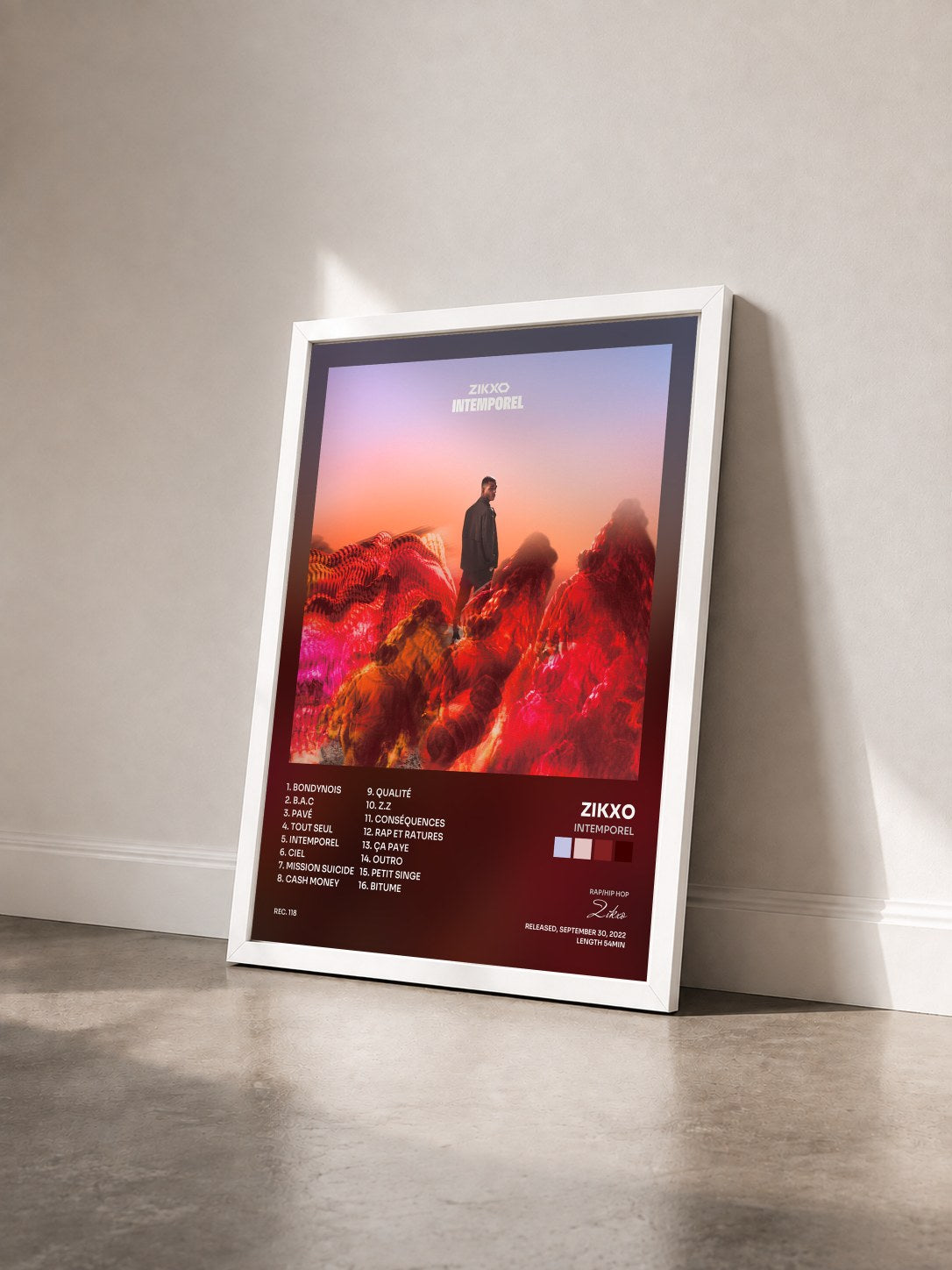 #blanc Tableau de l'album INTEMPOREL de Zikxo vu de trois quarts, cadre blanc