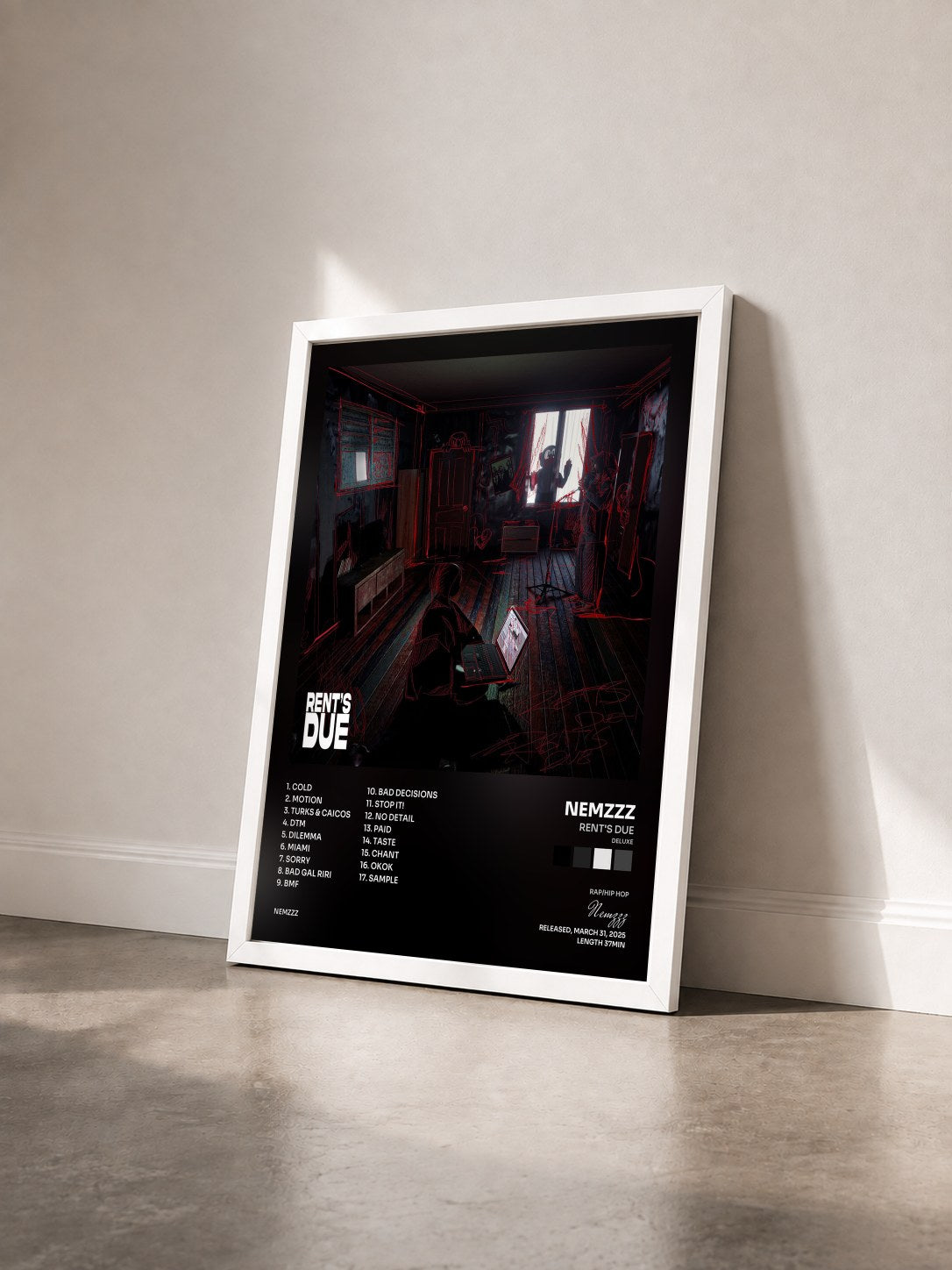 #blanc Tableau de l'album RENT'S DUE (DELUXE) de Nemzzz vu de trois quarts, cadre blanc