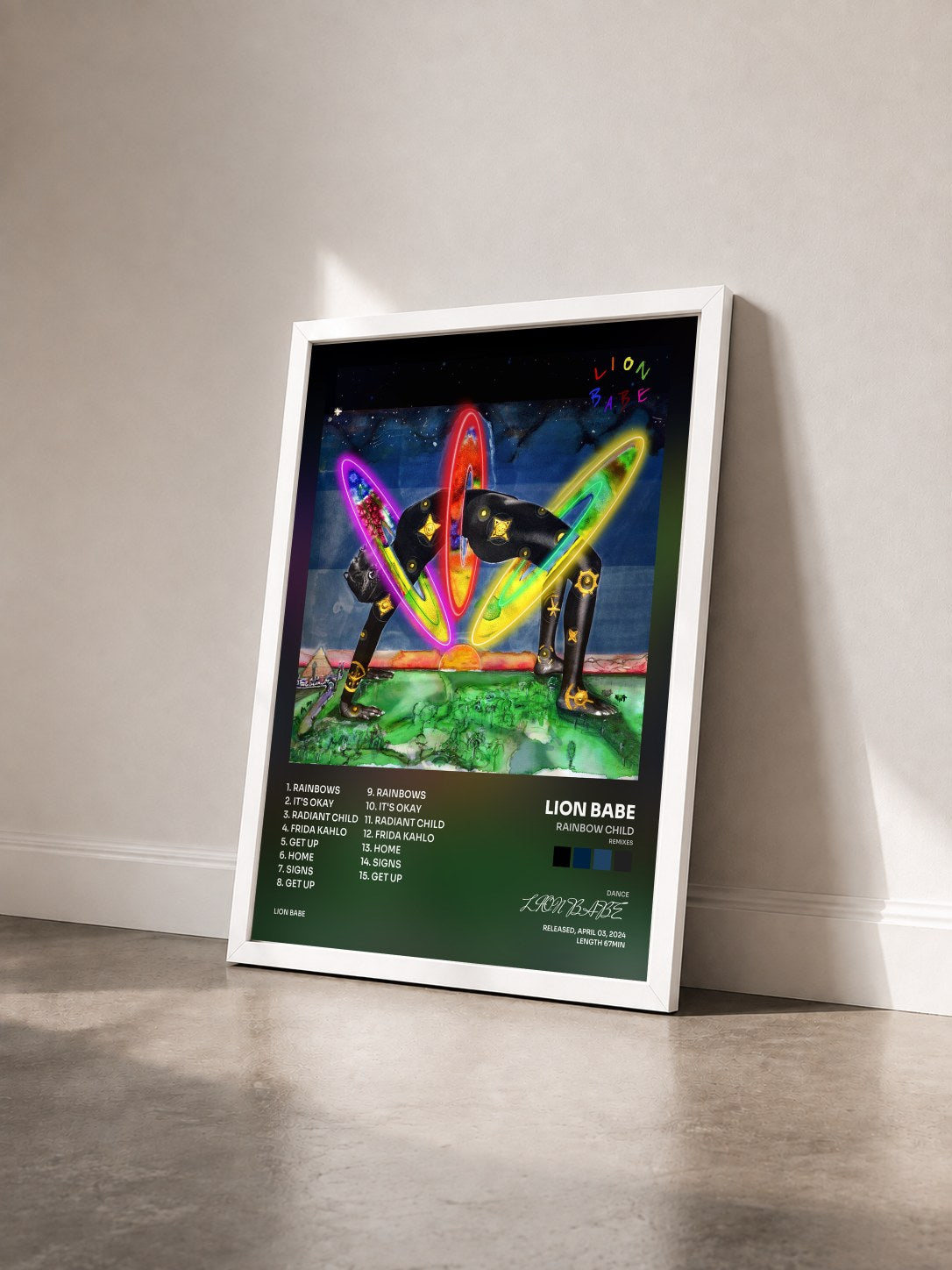 #blanc Tableau de l'album Rainbow Child (Remixes) de LION BABE vu de trois quarts, cadre blanc
