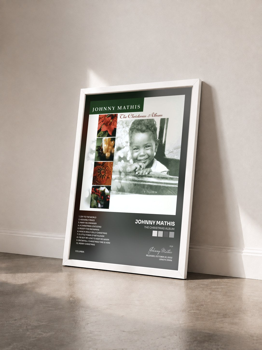 #blanc Tableau de l'album The Christmas Album de Johnny Mathis vu de trois quarts, cadre blanc