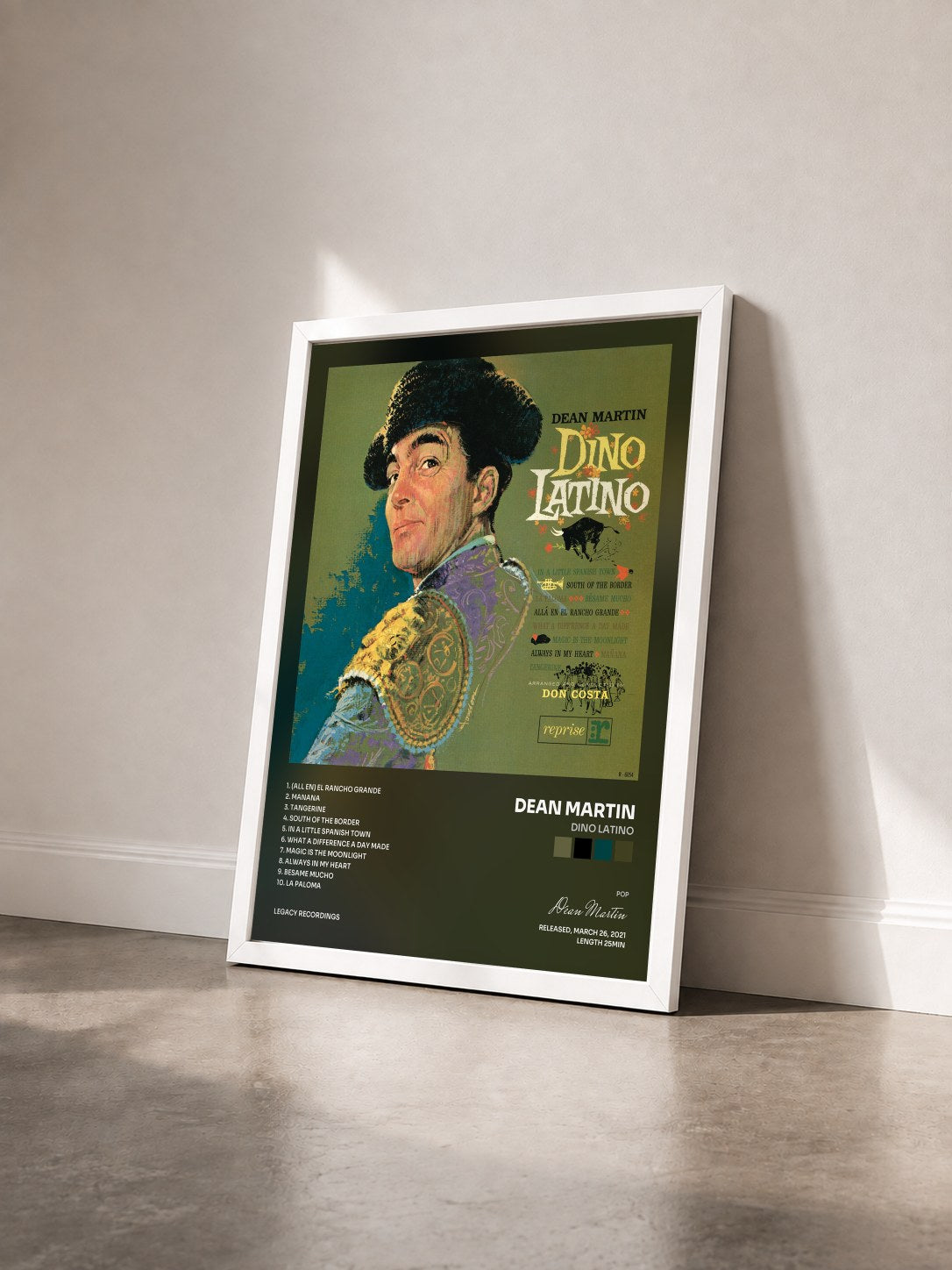#blanc Tableau de l'album Dino Latino de Dean Martin vu de trois quarts, cadre blanc