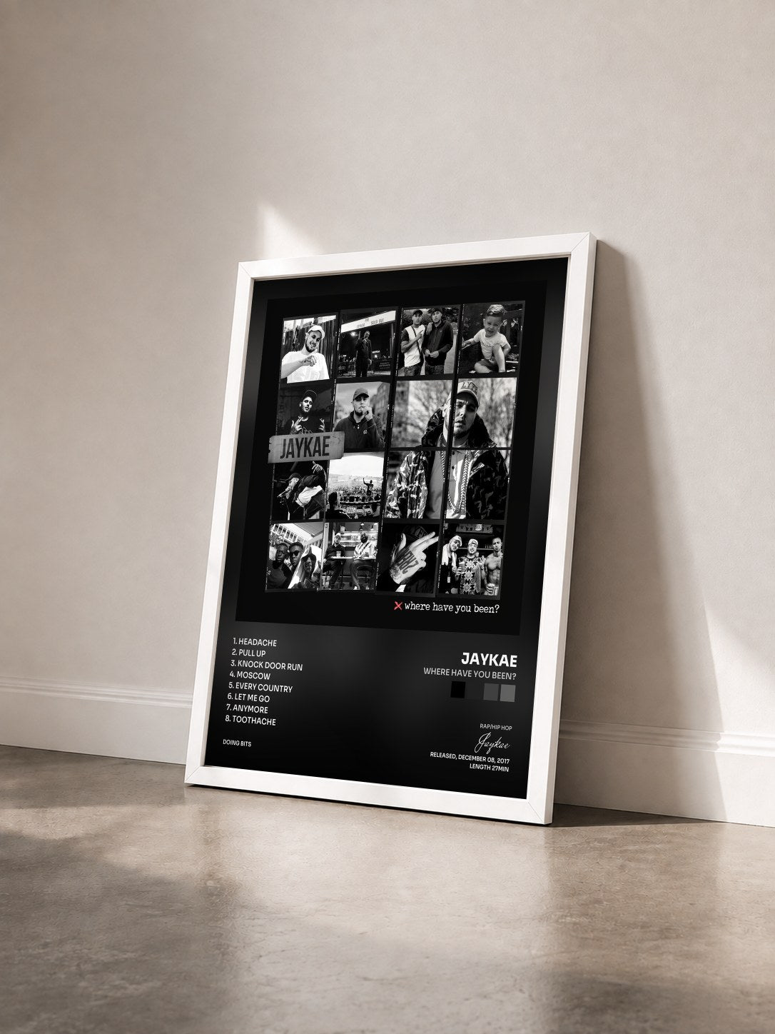 #blanc Tableau de l'album Where Have You Been? de Jaykae vu de trois quarts, cadre blanc