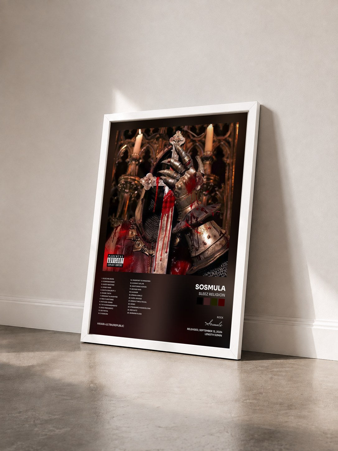 #blanc Tableau de l'album SLEEZ RELIGION de Sosmula vu de trois quarts, cadre blanc