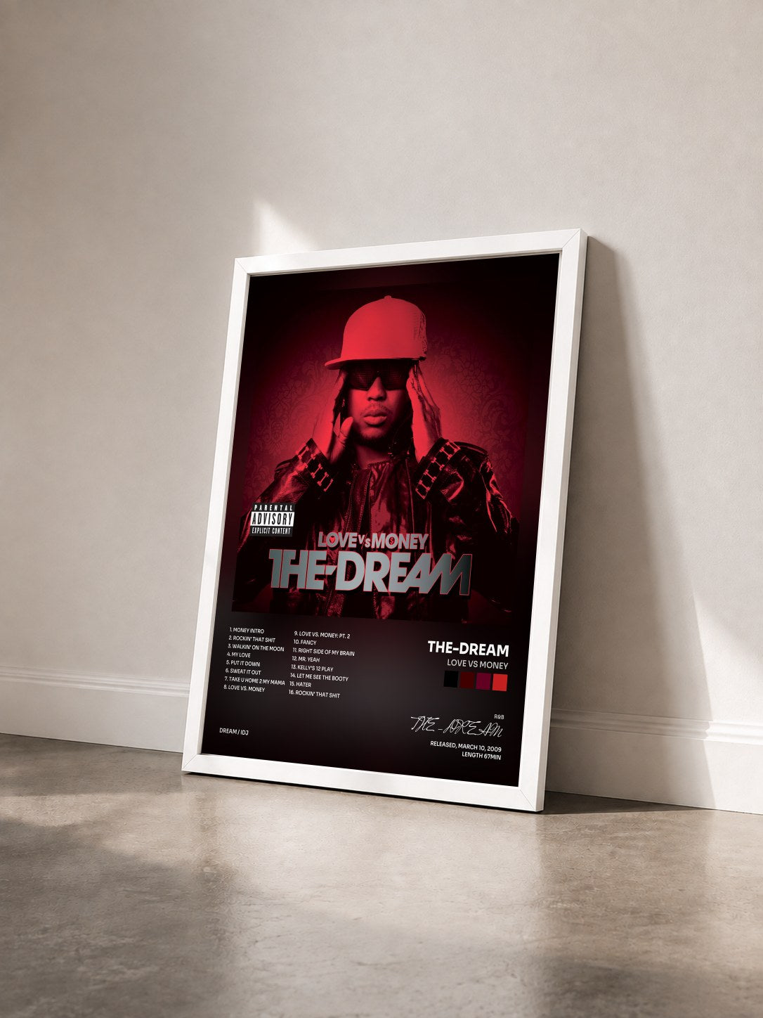#blanc Tableau de l'album Love Vs Money de THE-DREAM vu de trois quarts, cadre blanc