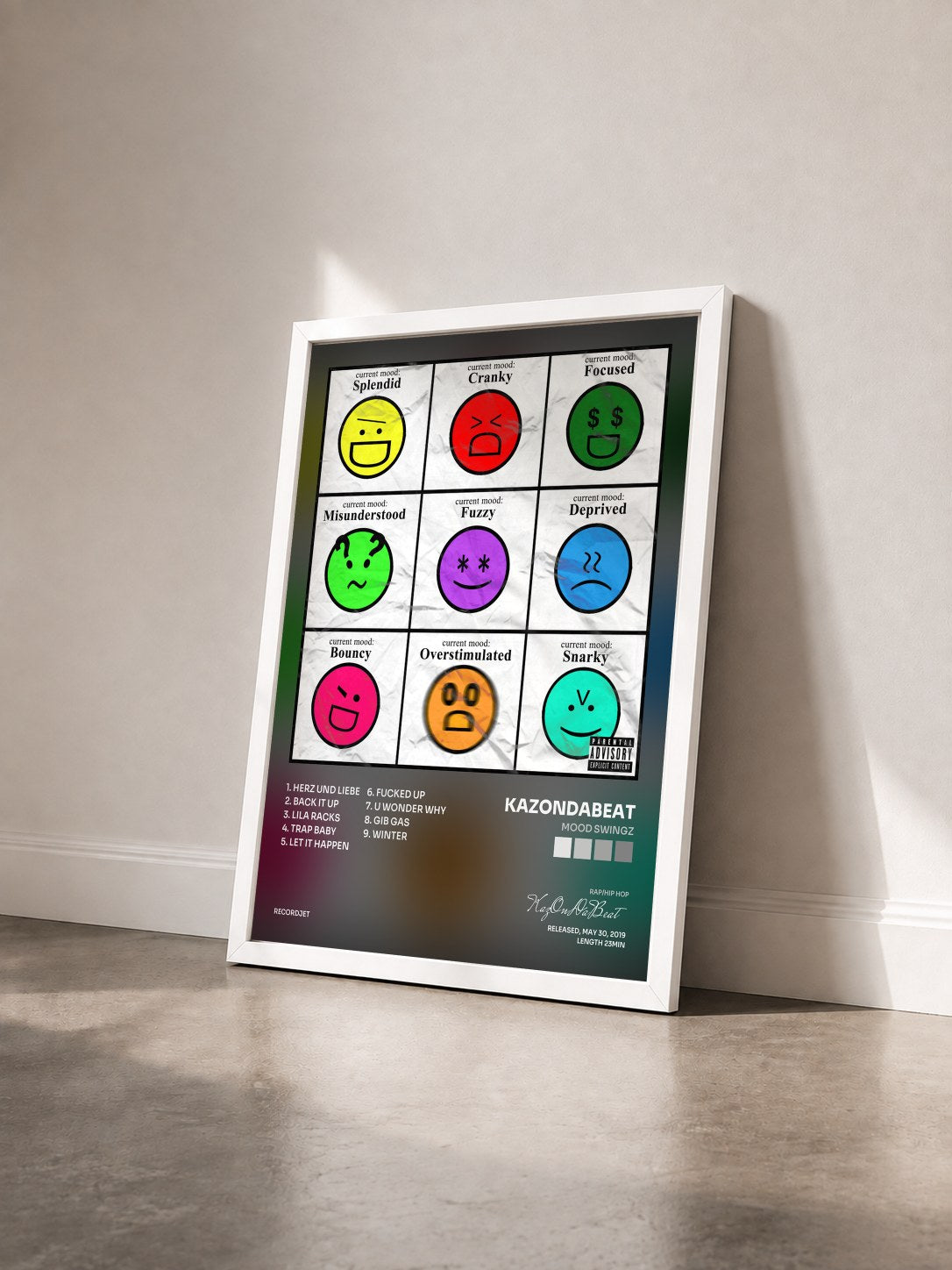 #blanc Tableau de l'album Mood Swingz de KazOnDaBeat vu de trois quarts, cadre blanc