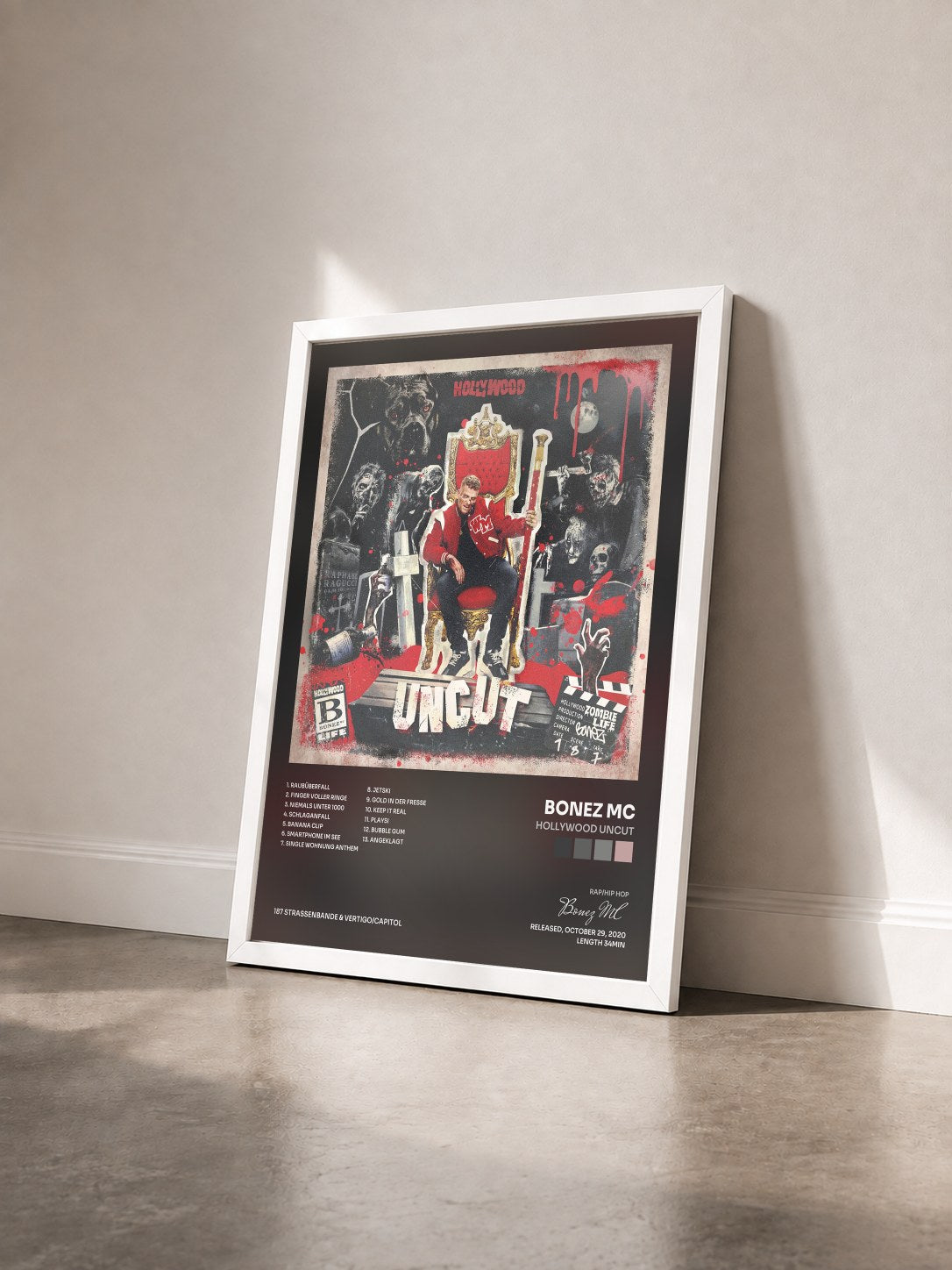 #blanc Tableau de l'album Hollywood Uncut de Bonez MC vu de trois quarts, cadre blanc