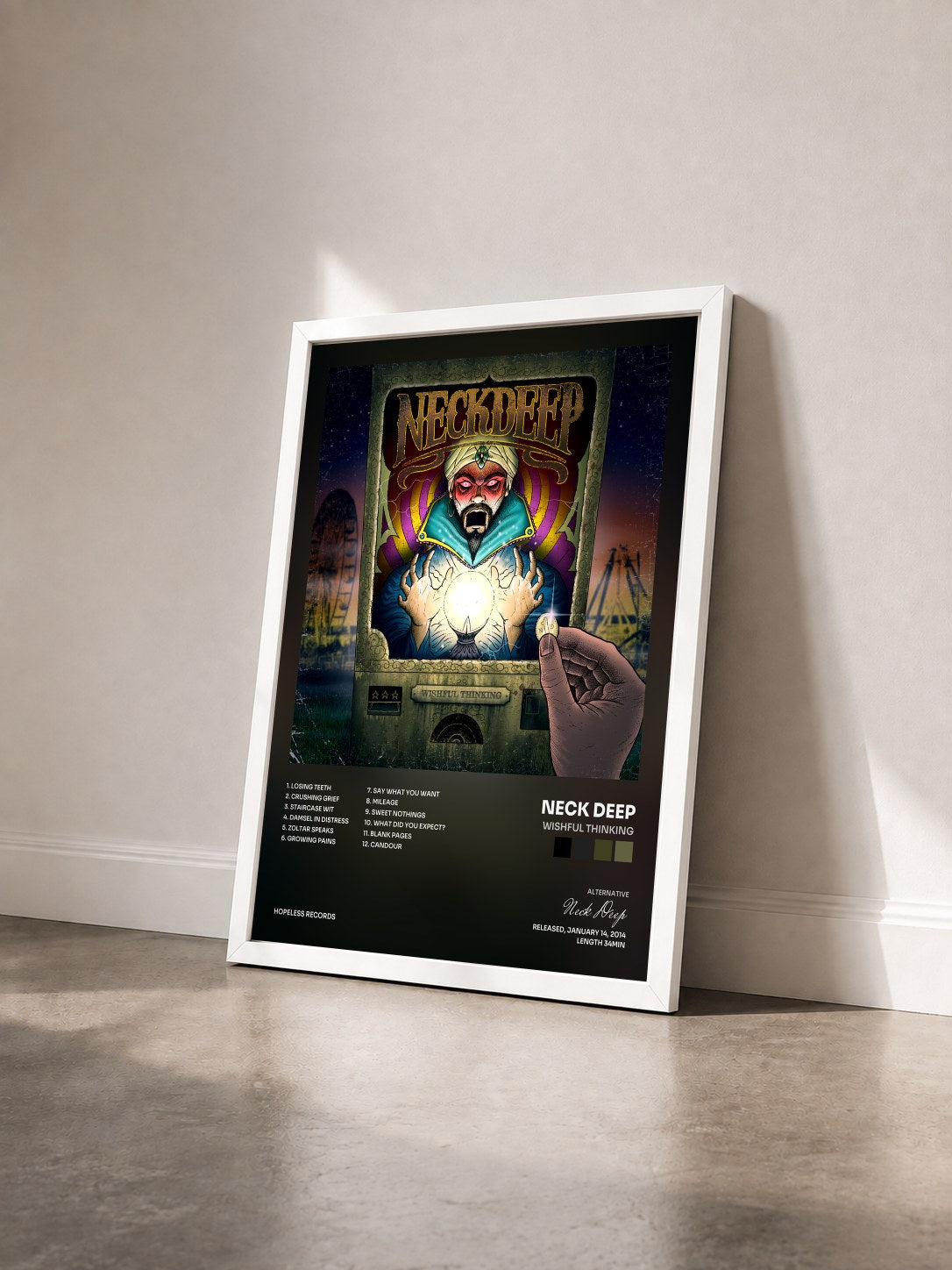 #blanc Tableau de l'album Wishful Thinking de Neck Deep vu de trois quarts, cadre blanc