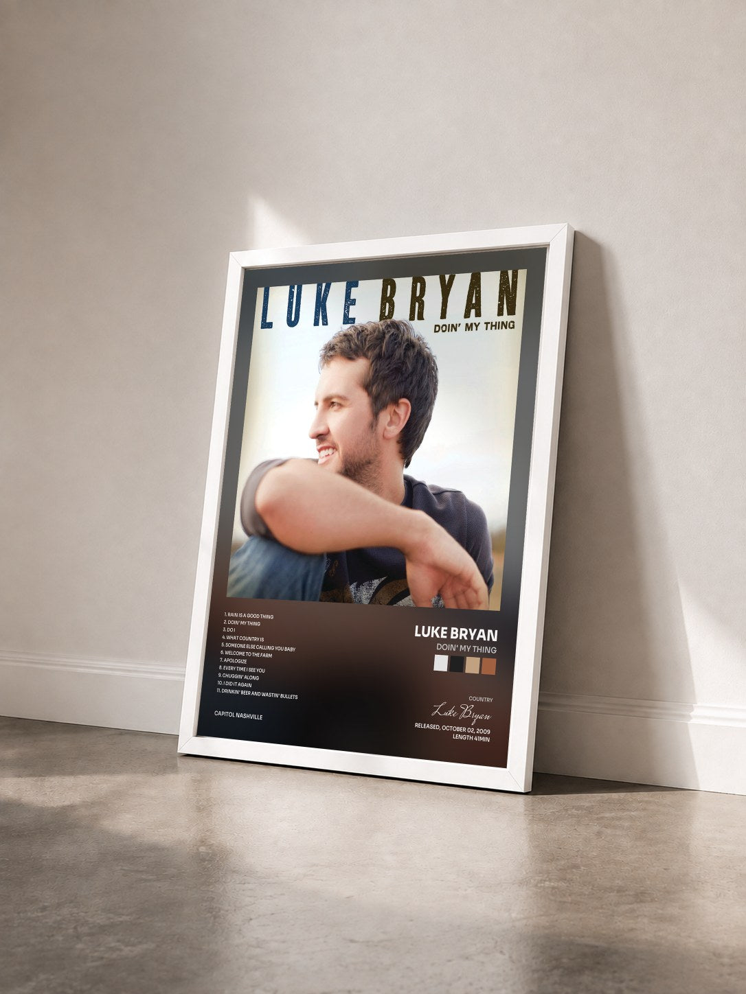 #blanc Tableau de l'album Doin' My Thing de Luke Bryan vu de trois quarts, cadre blanc