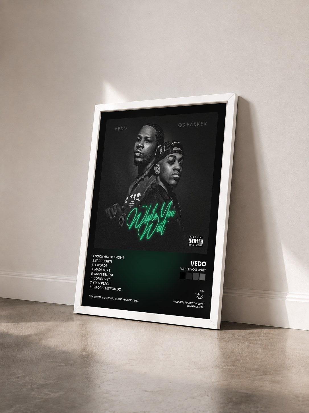 #blanc Tableau de l'album While You Wait de Vedo vu de trois quarts, cadre blanc