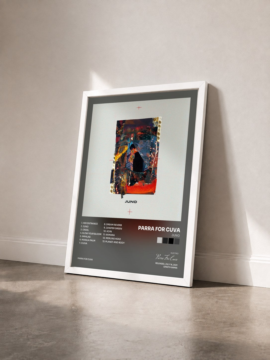 #blanc Tableau de l'album Juno de Parra For Cuva vu de trois quarts, cadre blanc