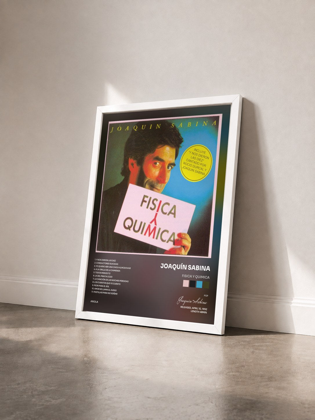 #blanc Tableau de l'album Fisica Y Quimica de Joaquín Sabina vu de trois quarts, cadre blanc