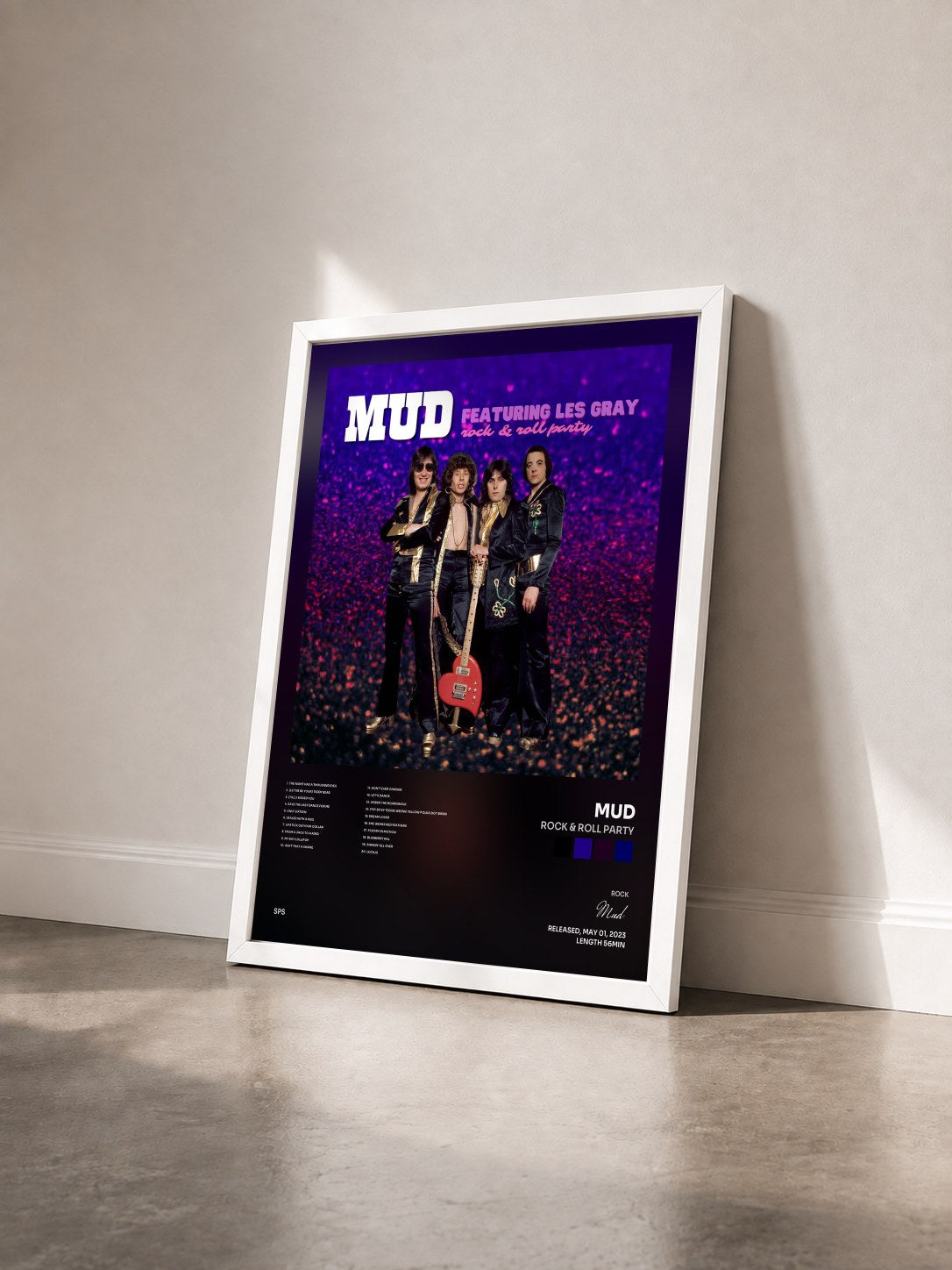#blanc Tableau de l'album Rock & Roll Party de Mud vu de trois quarts, cadre blanc