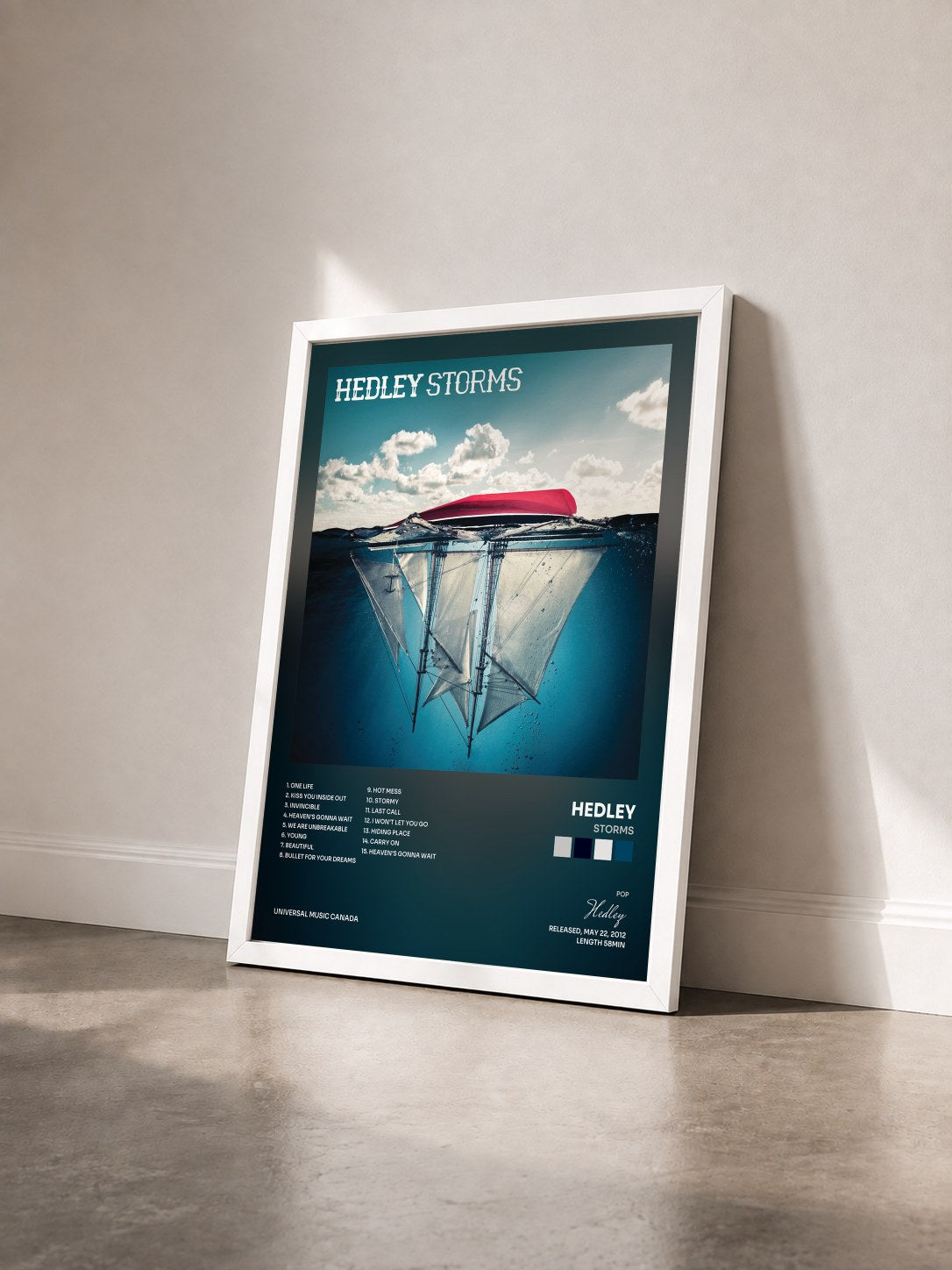 #blanc Tableau de l'album Storms de Hedley vu de trois quarts, cadre blanc