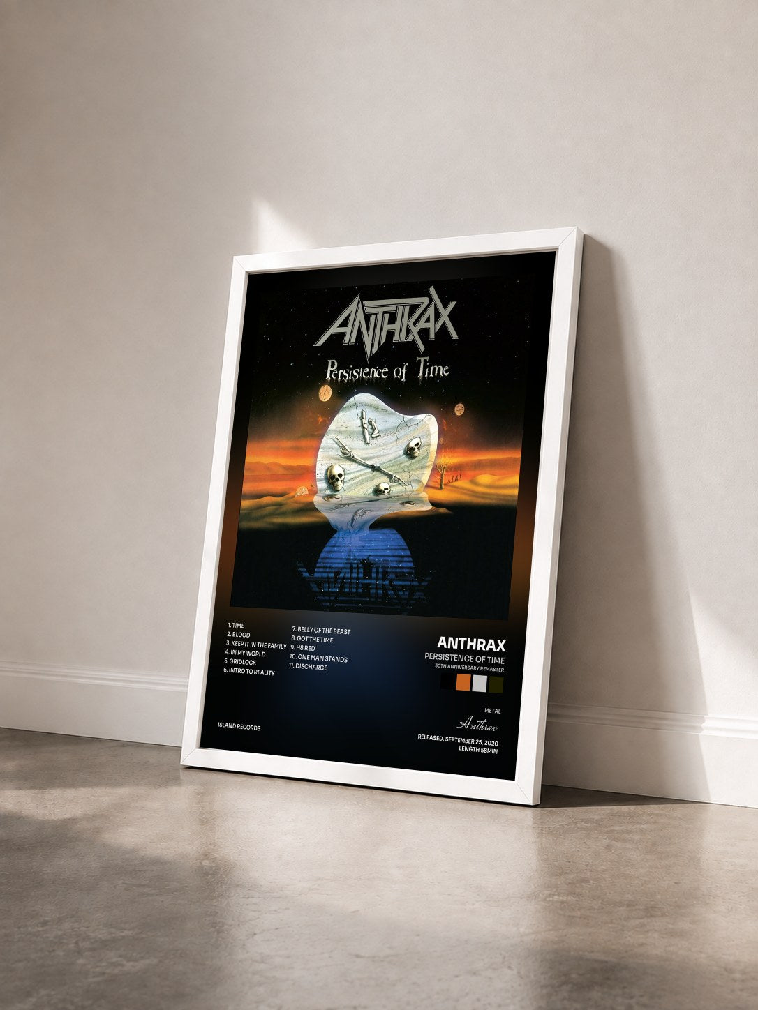 #blanc Tableau de l'album Persistence Of Time (30th Anniversary Remaster) de Anthrax vu de trois quarts, cadre blanc