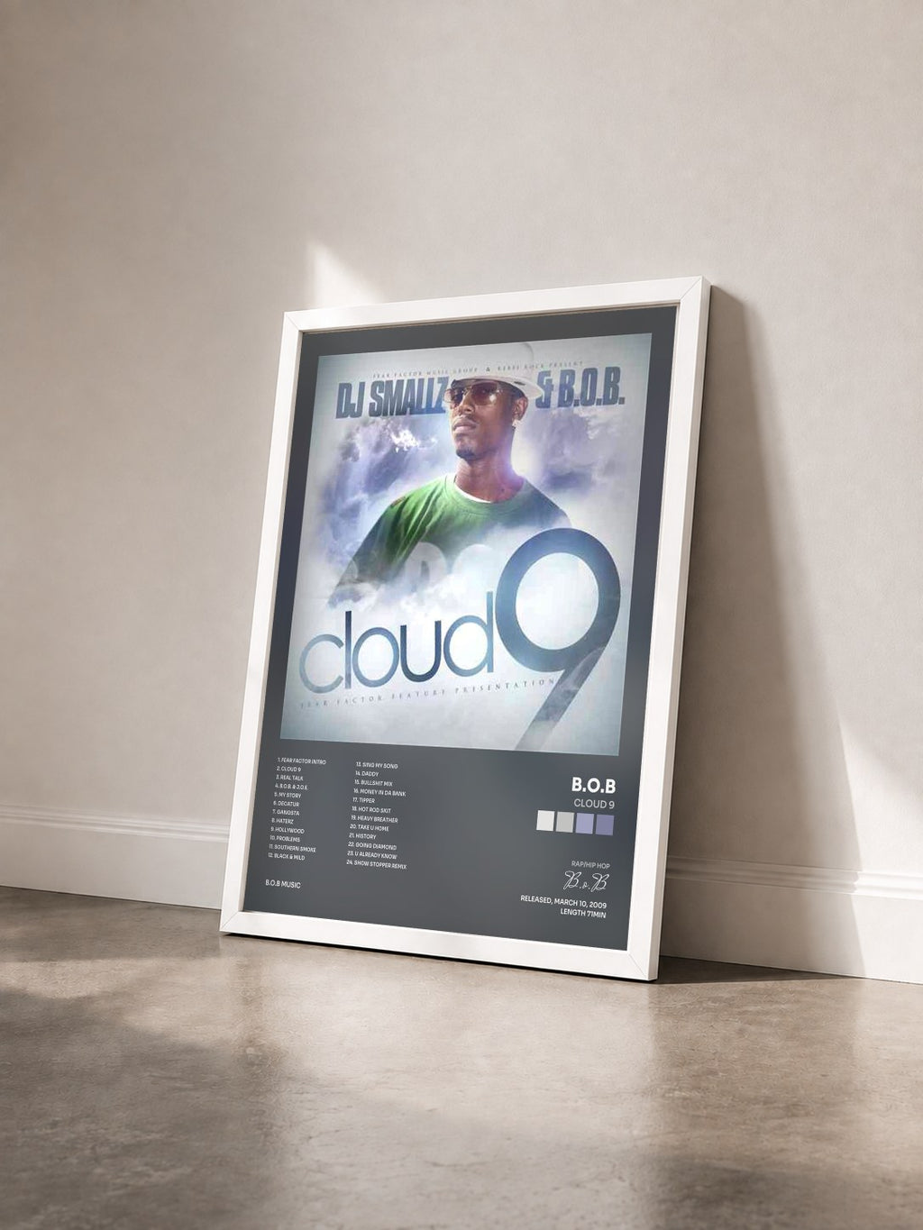 #blanc Tableau de l'album Cloud 9 de B.o.B vu de trois quarts, cadre blanc