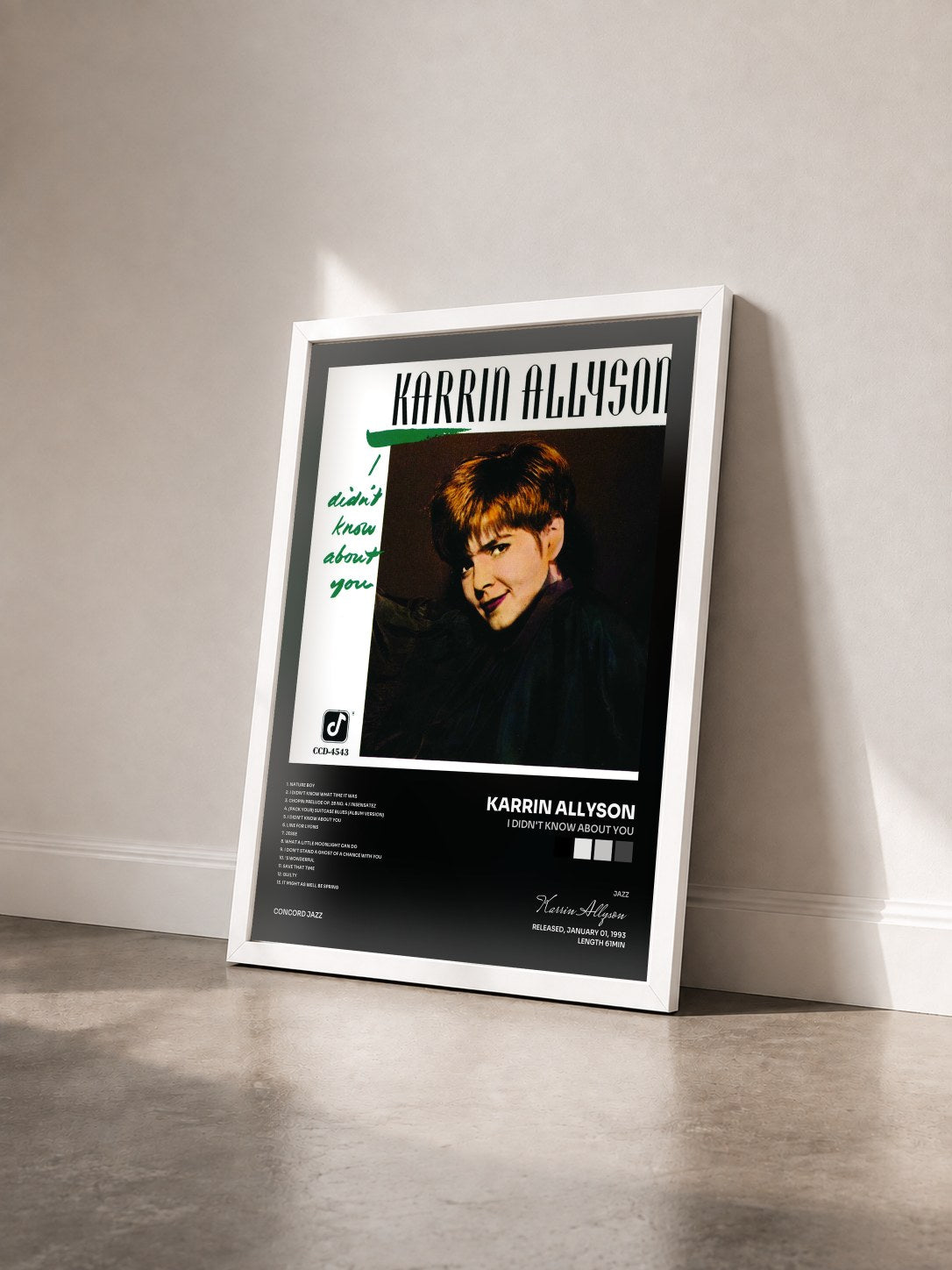 #blanc Tableau de l'album I Didn't Know About You de Karrin Allyson vu de trois quarts, cadre blanc