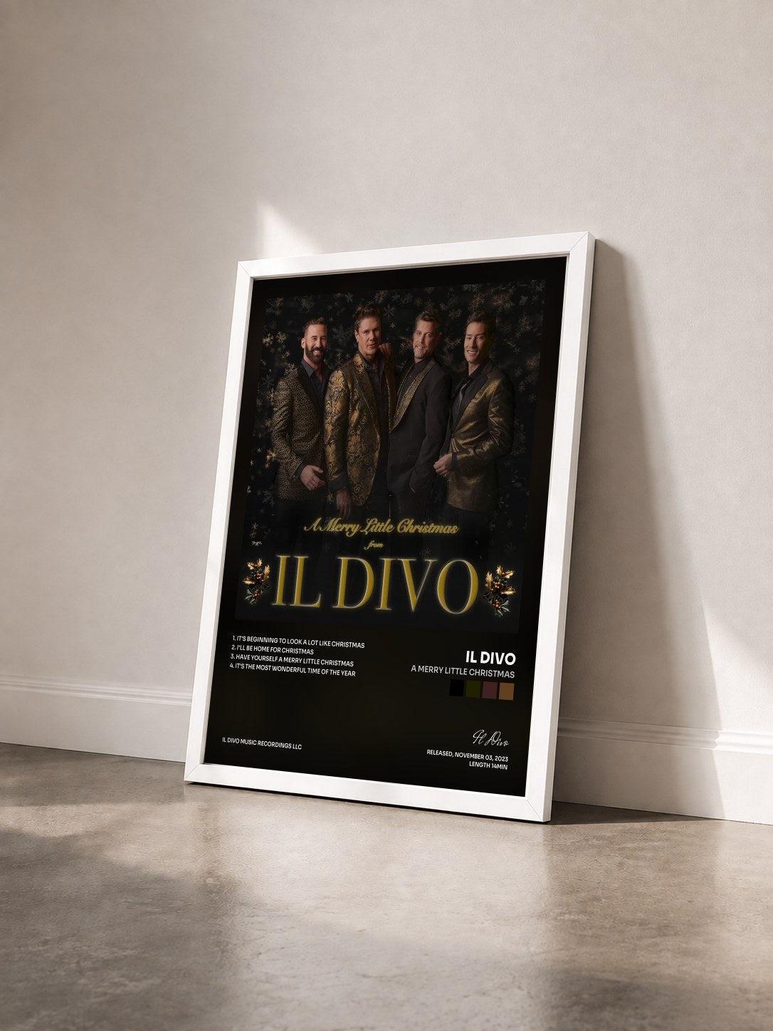 #blanc Tableau de l'album A Merry Little Christmas de Il Divo vu de trois quarts, cadre blanc