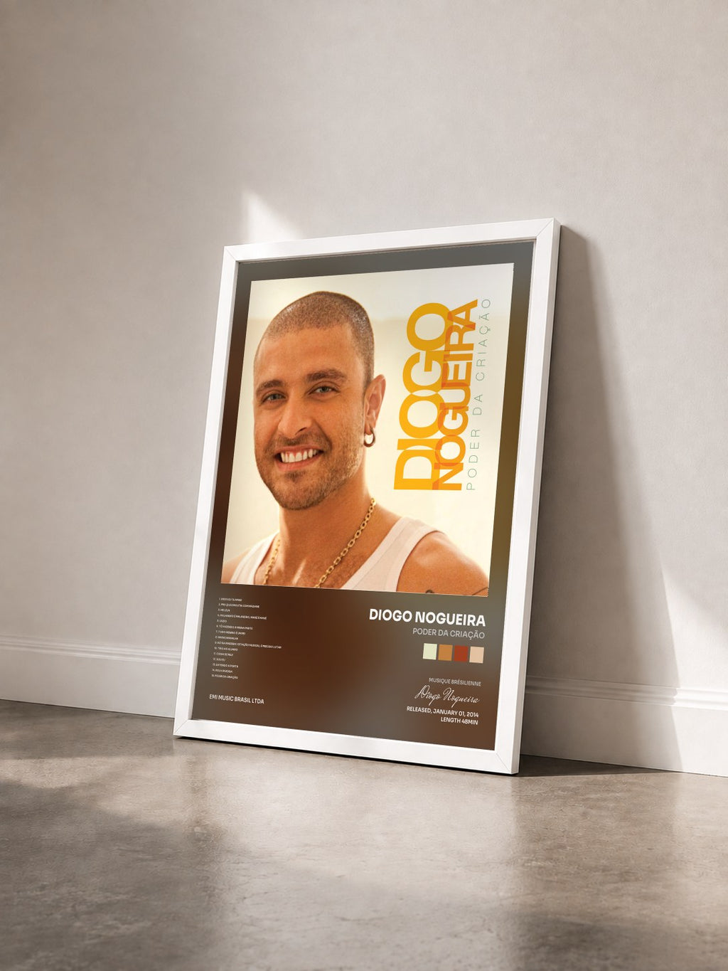 #blanc Tableau de l'album Poder Da Criação de Diogo Nogueira vu de trois quarts, cadre blanc