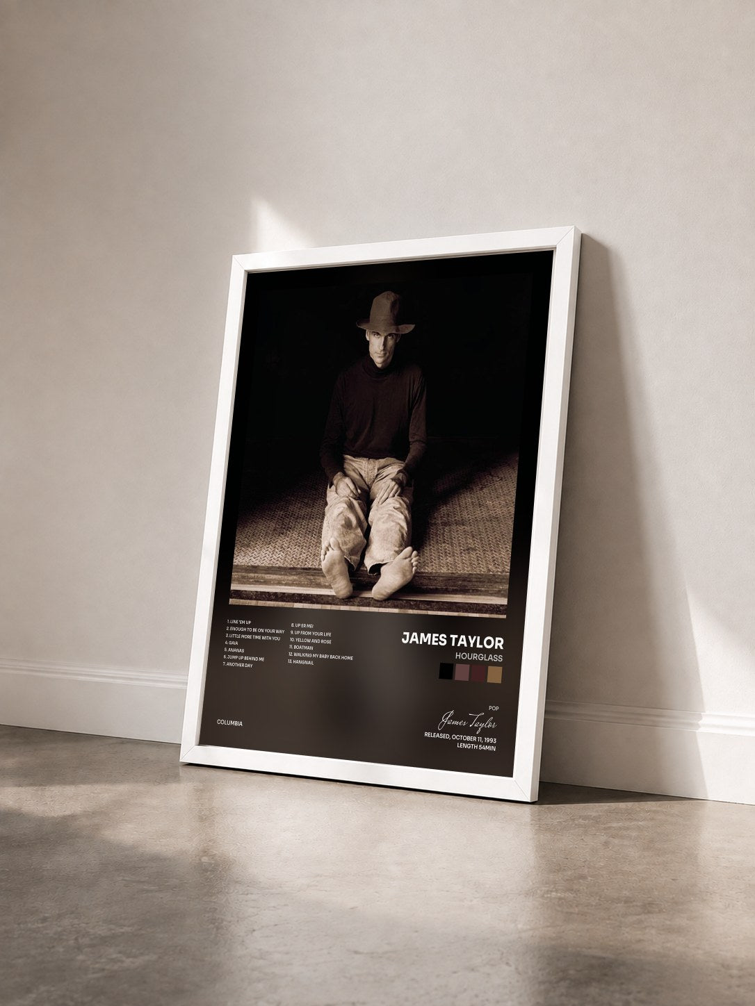 #blanc Tableau de l'album Hourglass de James Taylor vu de trois quarts, cadre blanc