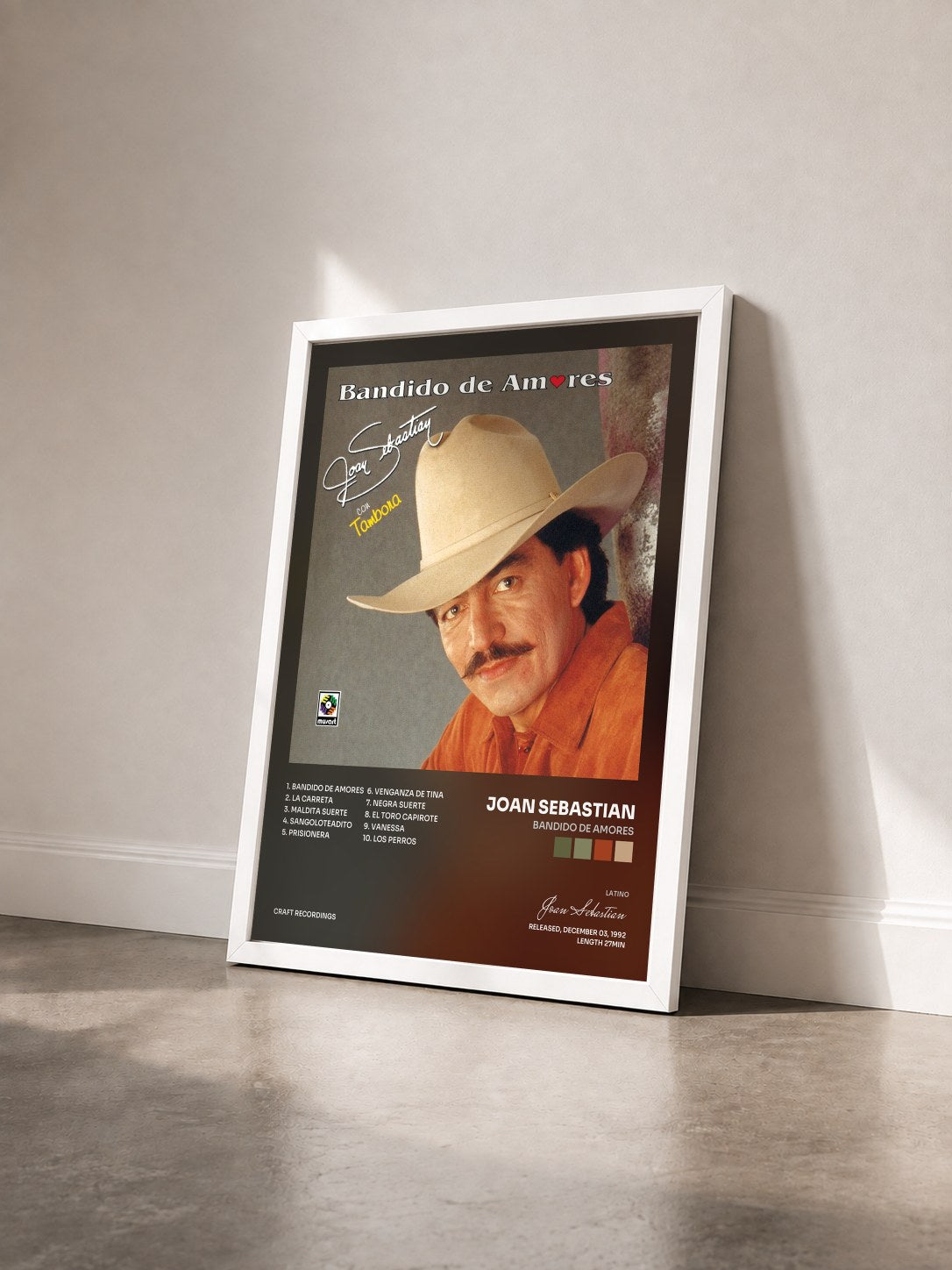 #blanc Tableau de l'album Bandido de Amores de Joan Sebastian vu de trois quarts, cadre blanc