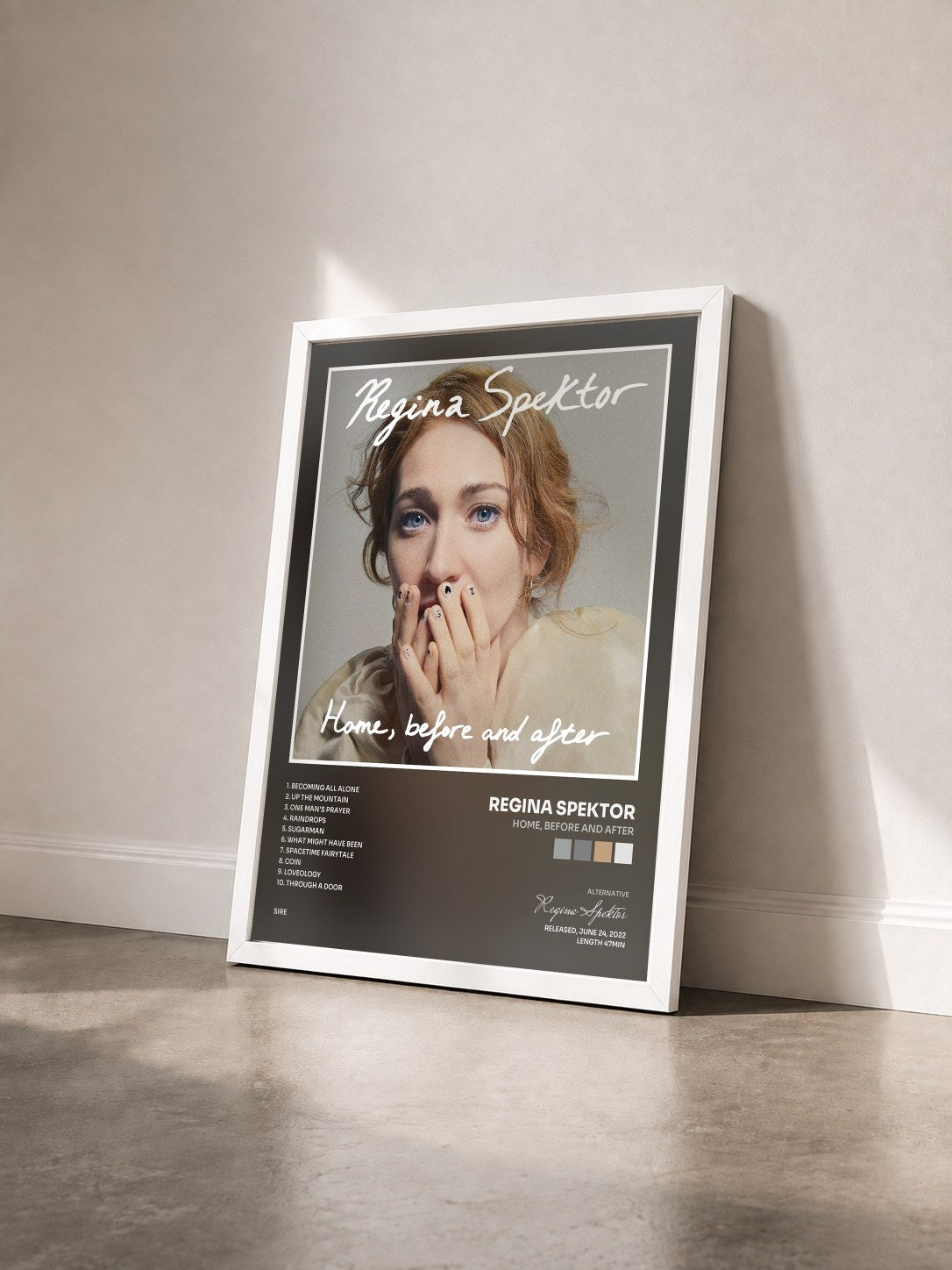 #blanc Tableau de l'album Home, before and after de Regina Spektor vu de trois quarts, cadre blanc
