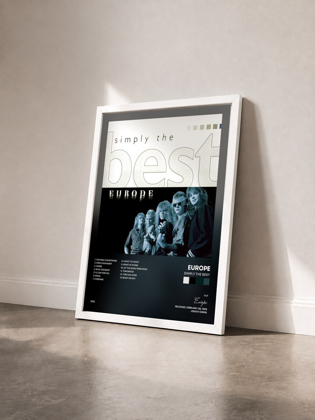#blanc Tableau de l'album Simply The Best de Europe vu de trois quarts, cadre blanc