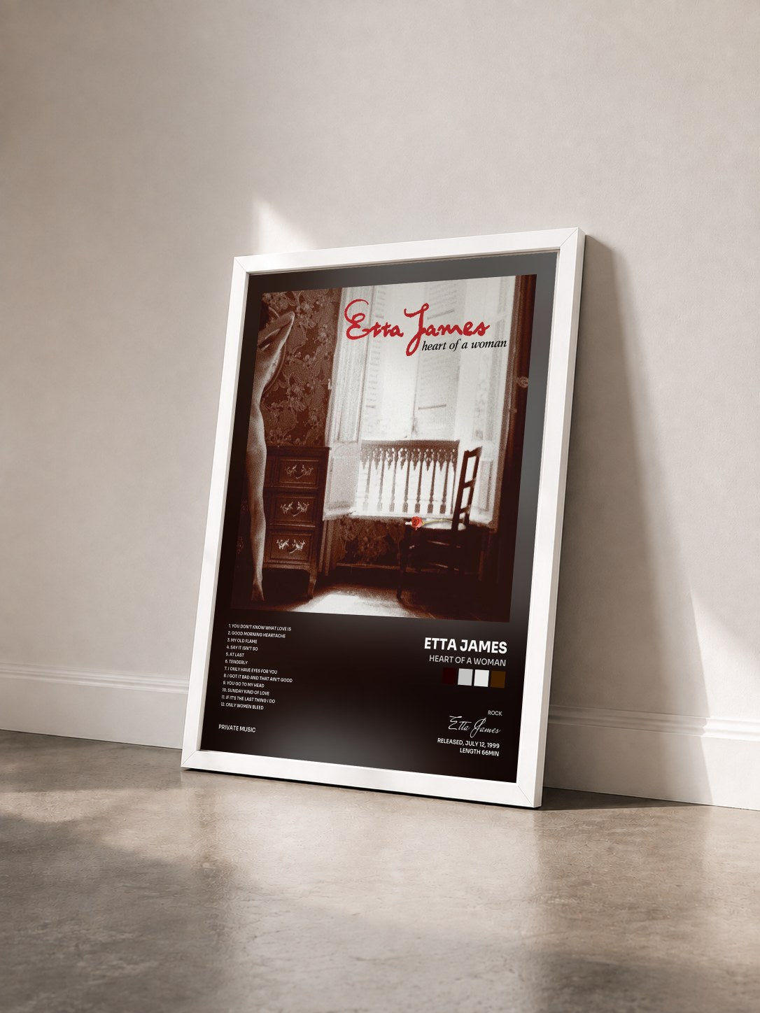 #blanc Heart Of A Woman di Etta James in stampa incorniciata vista di tre quarti, cornice bianca