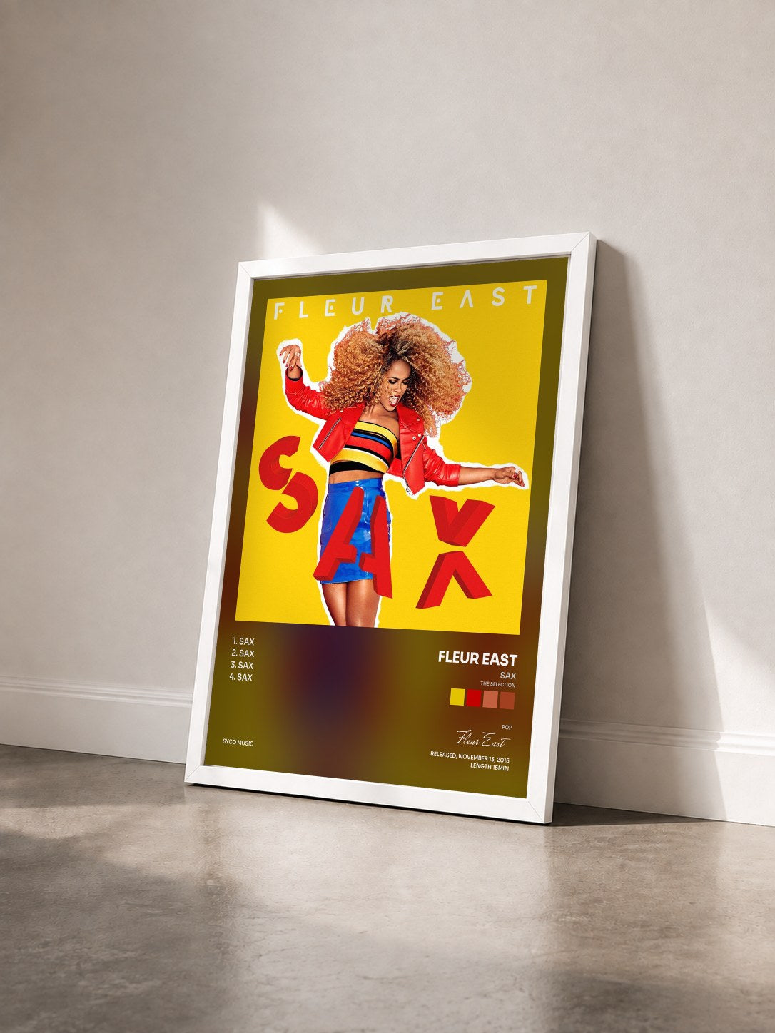 #blanc Tableau de l'album Sax (The Selection) de Fleur East vu de trois quarts, cadre blanc