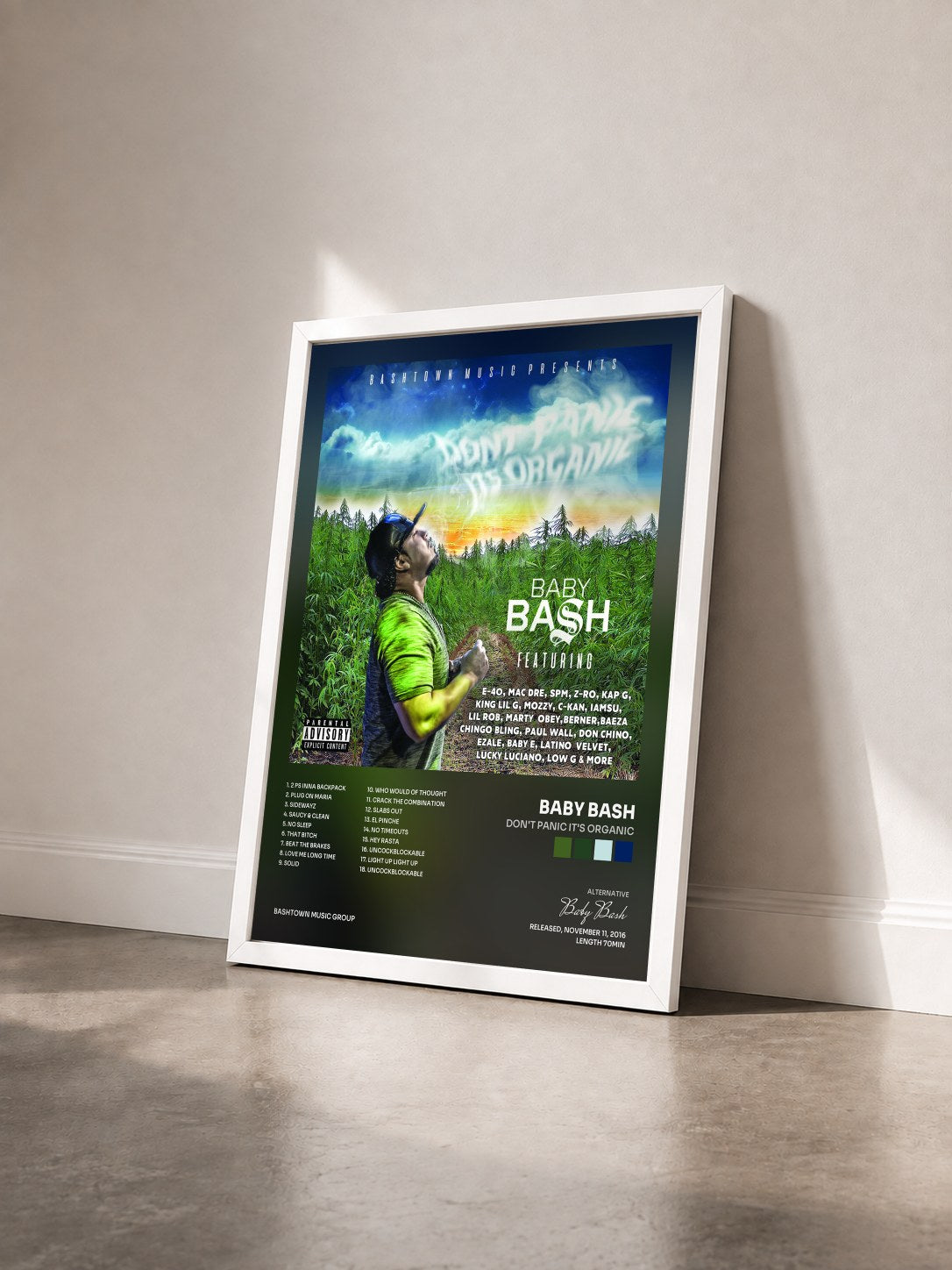 #blanc Tableau de l'album Don't Panic It's Organic de Baby Bash vu de trois quarts, cadre blanc