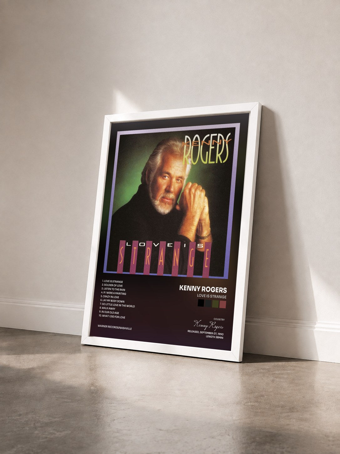 #blanc Tableau de l'album Love Is Strange de Kenny Rogers vu de trois quarts, cadre blanc