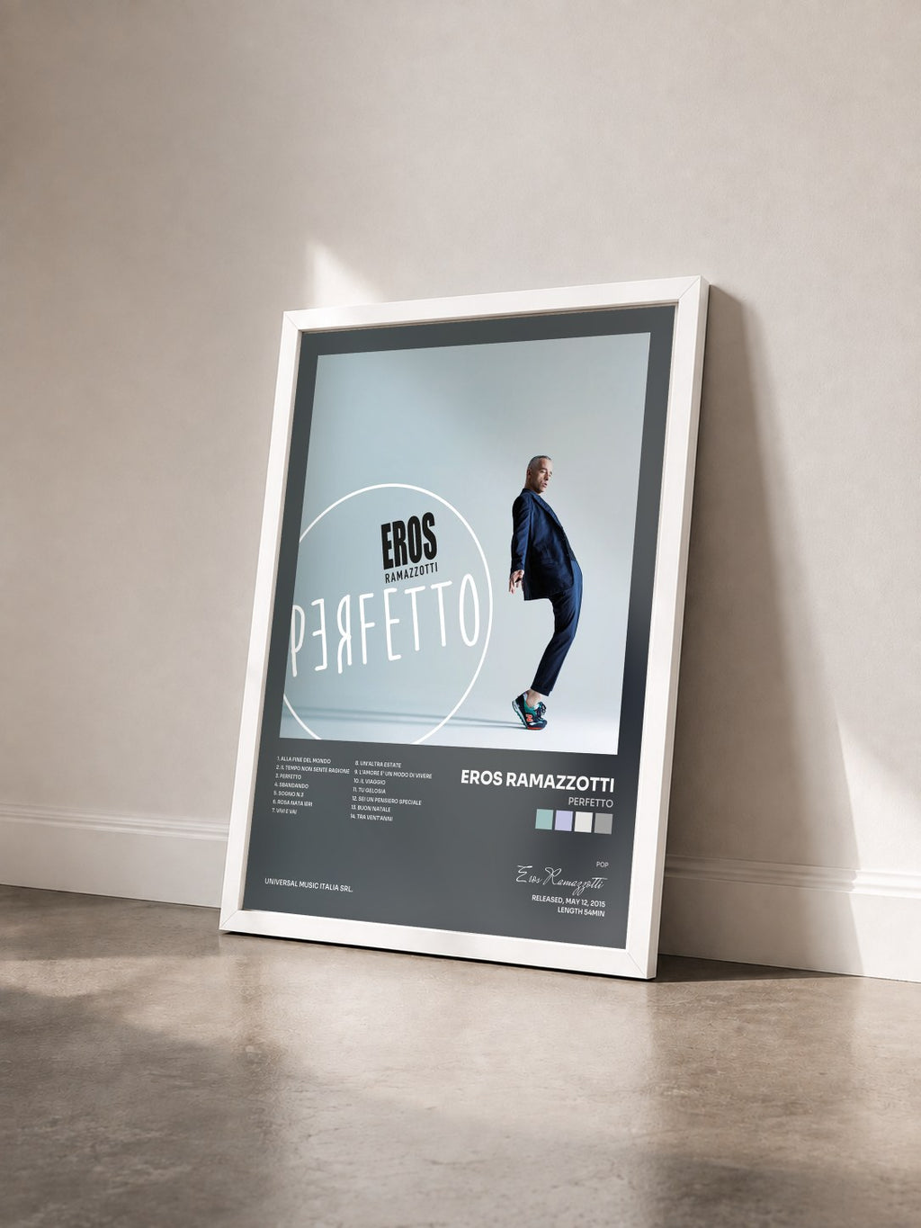 #blanc Tableau de l'album Perfetto de Eros Ramazzotti vu de trois quarts, cadre blanc