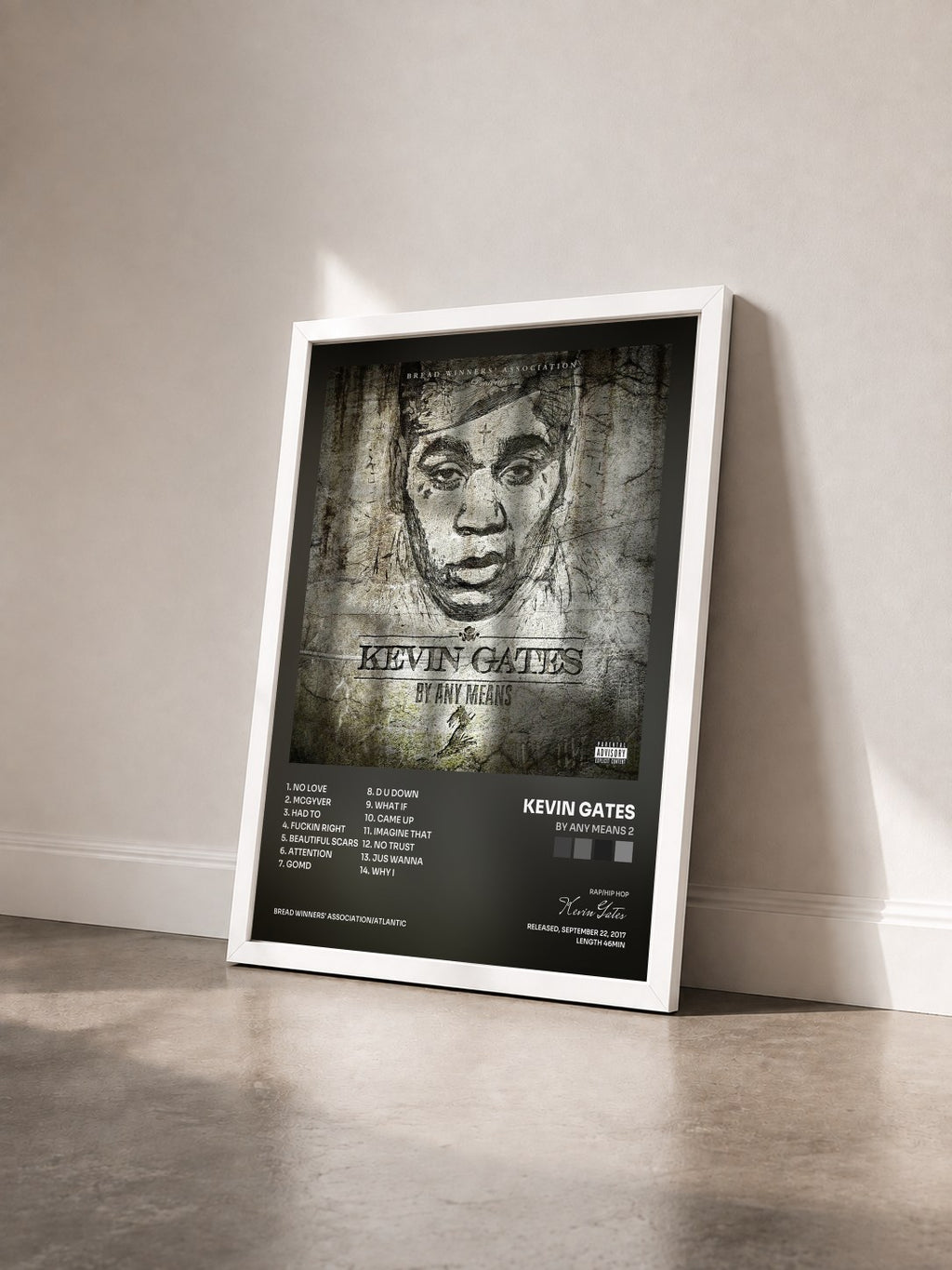 #blanc Tableau de l'album By Any Means 2 de Kevin Gates vu de trois quarts, cadre blanc