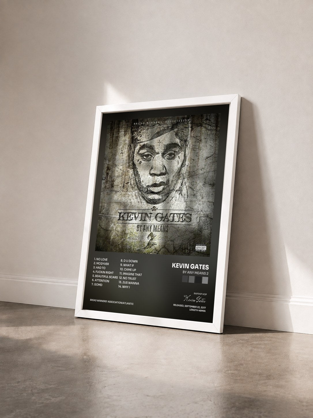 #blanc Tableau de l'album By Any Means 2 de Kevin Gates vu de trois quarts, cadre blanc