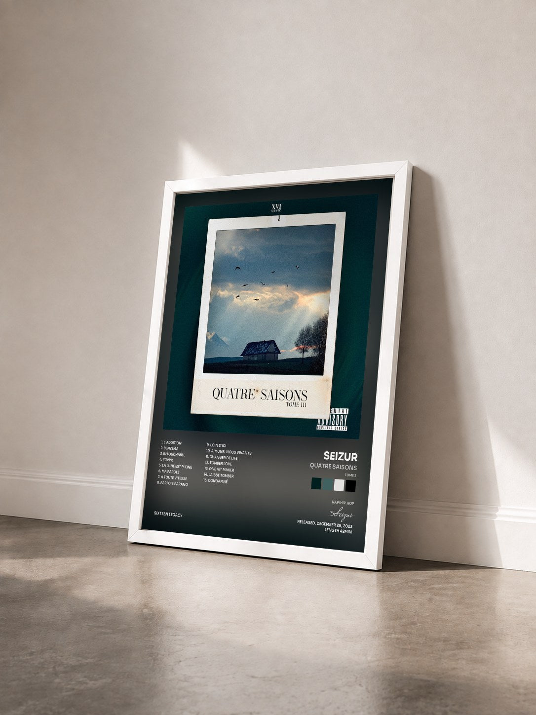 #blanc Tableau de l'album Quatre Saisons (Tome 3) de Seizur vu de trois quarts, cadre blanc