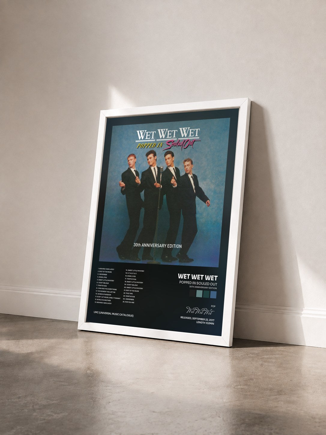 #blanc Tableau de l'album Popped In Souled Out (30th Anniversary Edition) de Wet Wet Wet vu de trois quarts, cadre blanc