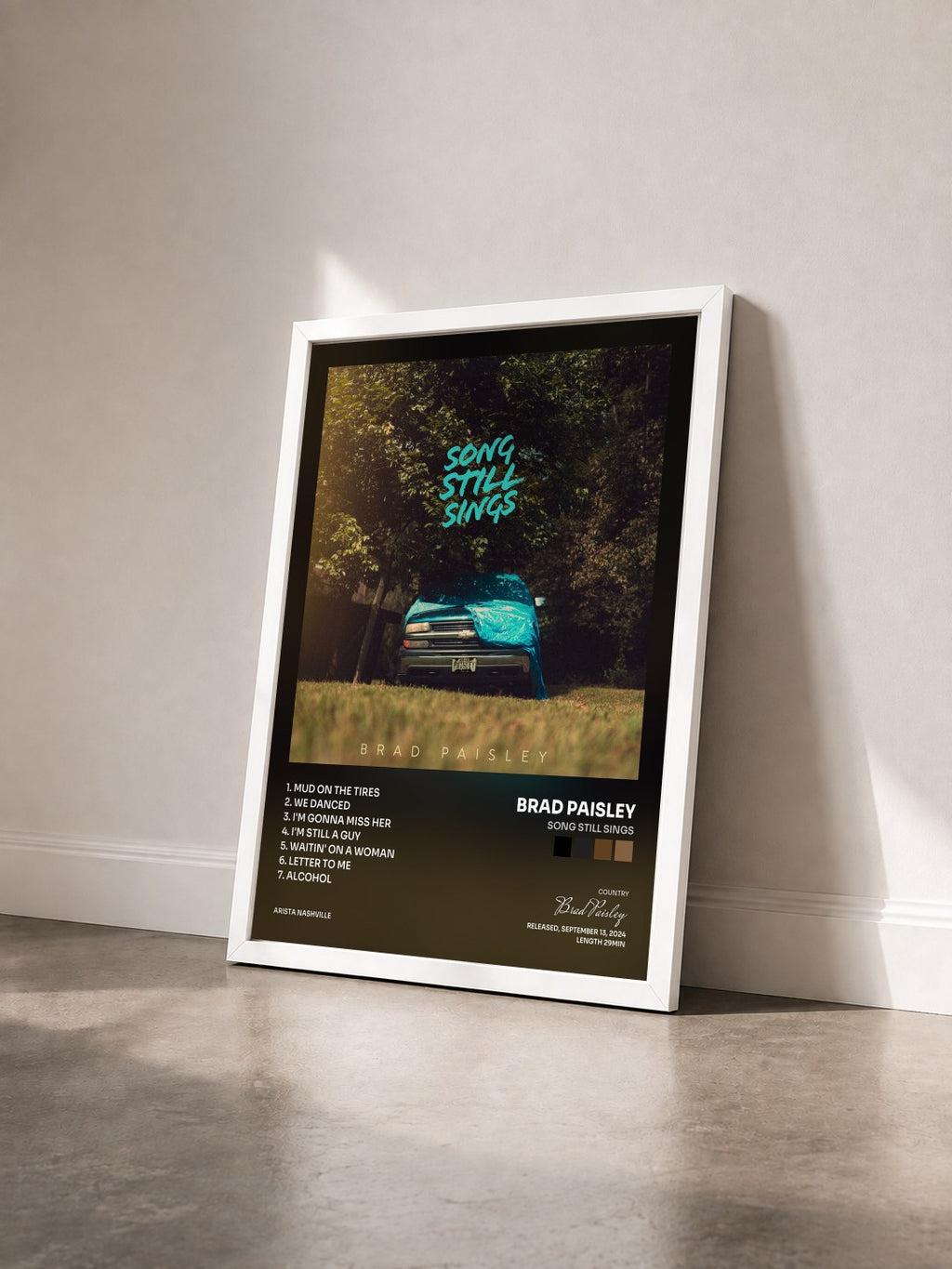 #blanc Song Still Sings by Brad Paisley as a framed art print seen at an angle, white frame